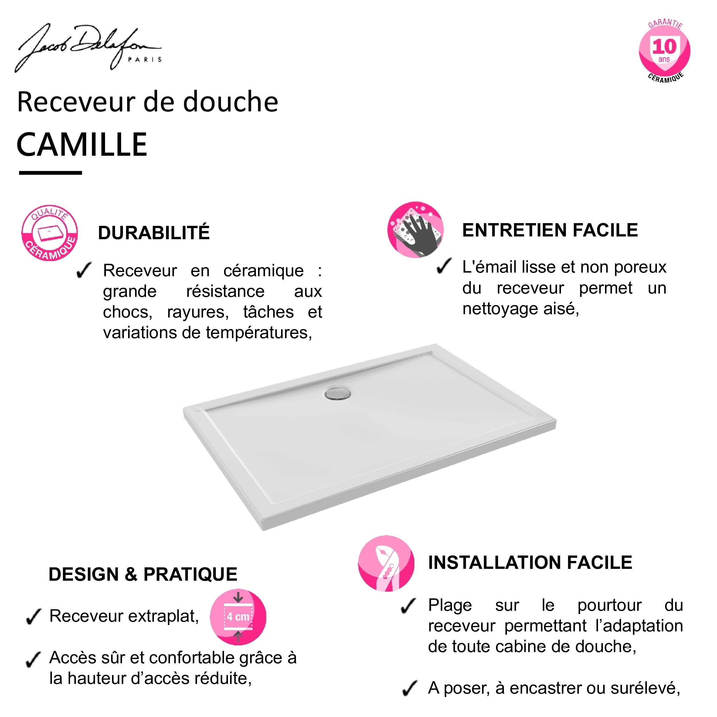 Jacob Delafon Receveur Douche Extraplat Camille 80x80 cm, Céramique, Blanc | Céramique recyclée (10%). Antidérapant PN12. Ressaut anti-débordement