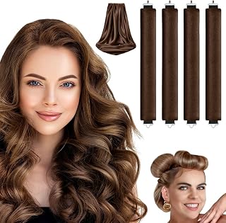 LOPHE Pack of 4 Heat-Free Curling Tongs, No Heat Overnight Curling Tongs for All Hair Types, DIY Thermal Haircut Set with Strappy for Long Hair (Coffee Color)