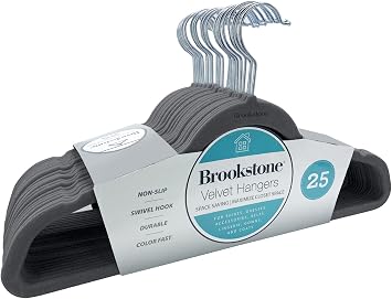 BROOKSTONE, [25 Pack] Velvet Hangers, [Non-Slip] 360 Swivel Hook, Lightweight & Slim, Strong & Durable, Space Saving Design, Heavy Duty, Wont Stain Fabric