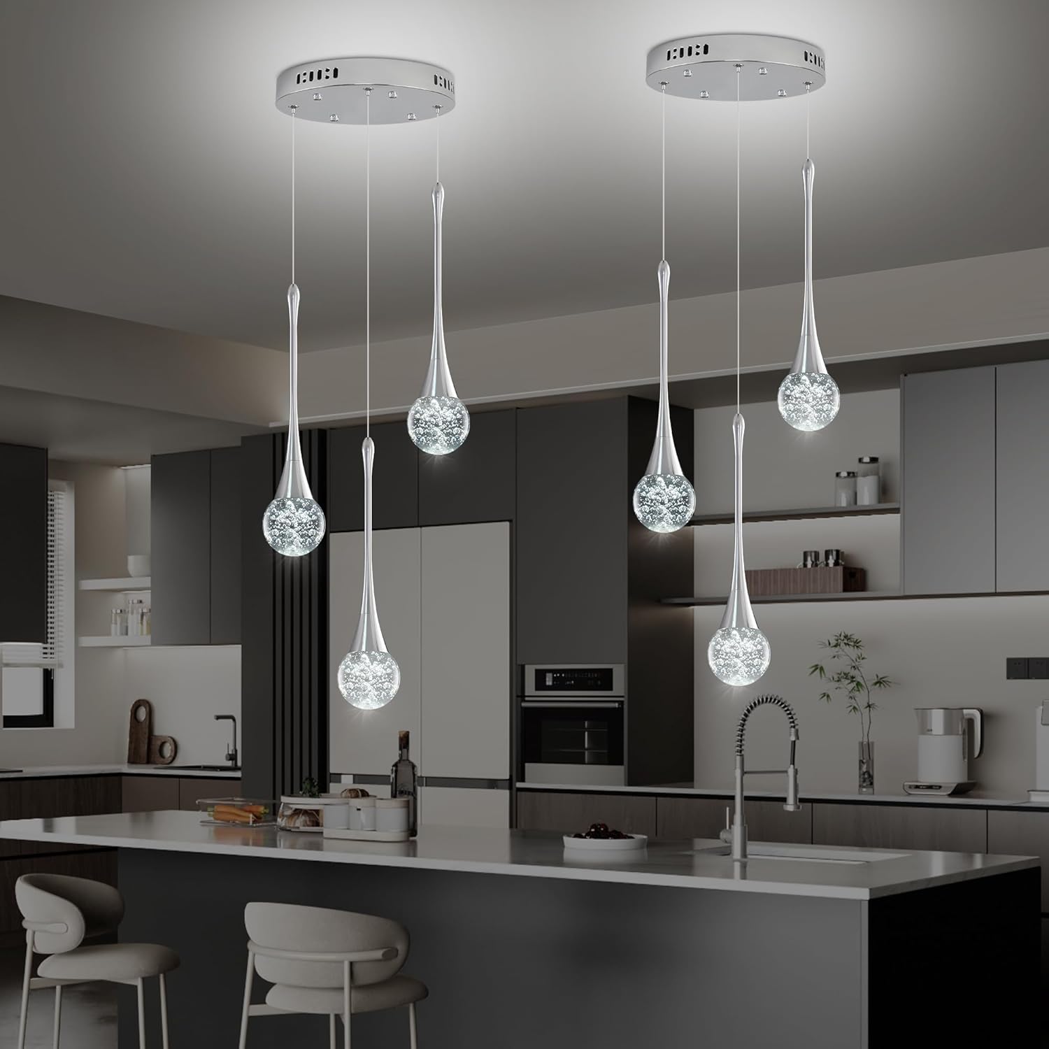 Modern Crystal Kitchen Island Chandelier 3-Lights Chrome, LED Dimmable Raindrop Indoor Lighting Fixture for Dining Room Foyer Entryway Remote Control