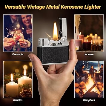 Scotte Vintage Kerosene Lighter, Windproof Soft Flame, Metal and Leather Trench Lighter, Fluid Refillable Pocket Lighters, Easy to Carry and Use, Gift for Father Husband