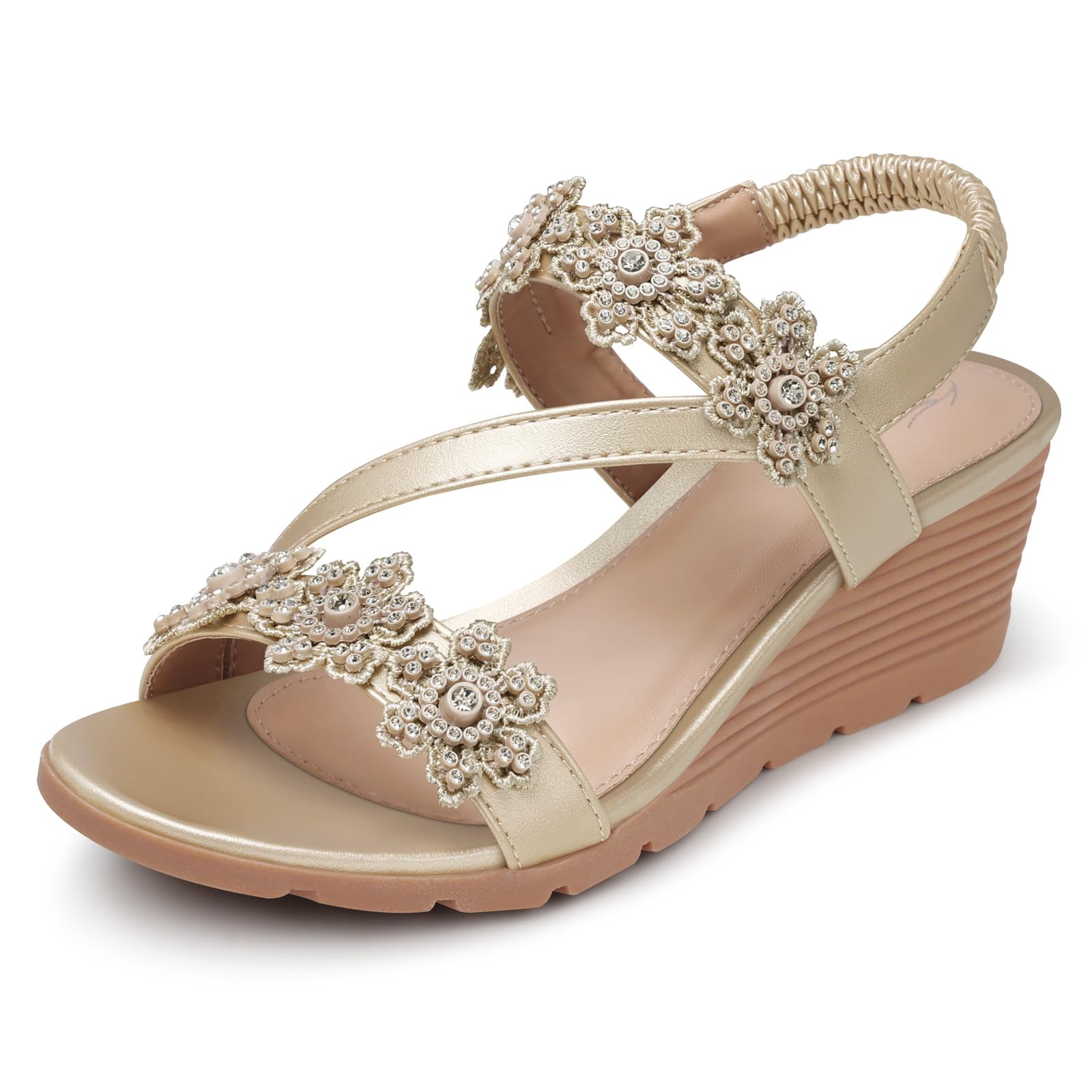 SHIBEVER Wedge Sandals for Women Dressy: Summer Open Toe Low Platform Wedges Sandals Elastic Ankle Strap Flower Comfortable Casual Shoes