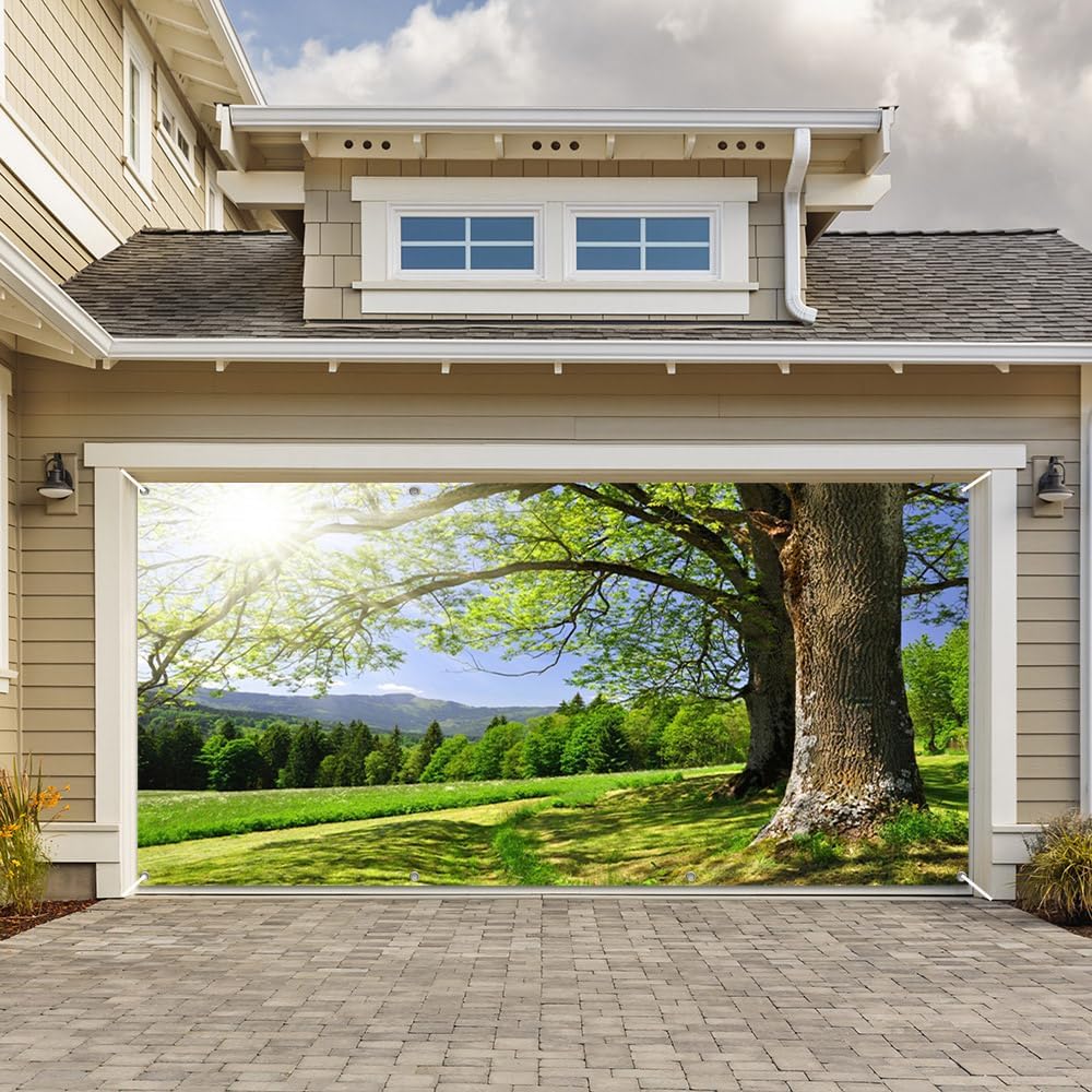 Leowefowa Outdoor Forest Big Tree Shade Garage Door Decorations Banner 7x16ft Nature Scenic Garage Door Cover with Grommets for Holiday Indoor Outdoor Large Background
