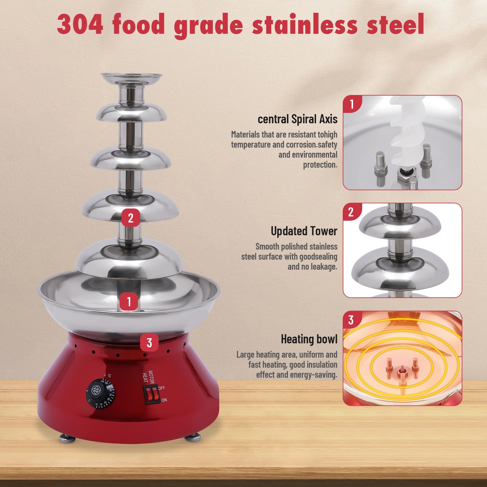 Fontaine à chocolat en acier inoxydable - 230 W - 3 l - 5 étages - Avec réglage de la température de 30 à 110 °C - Pour fêtes de famille