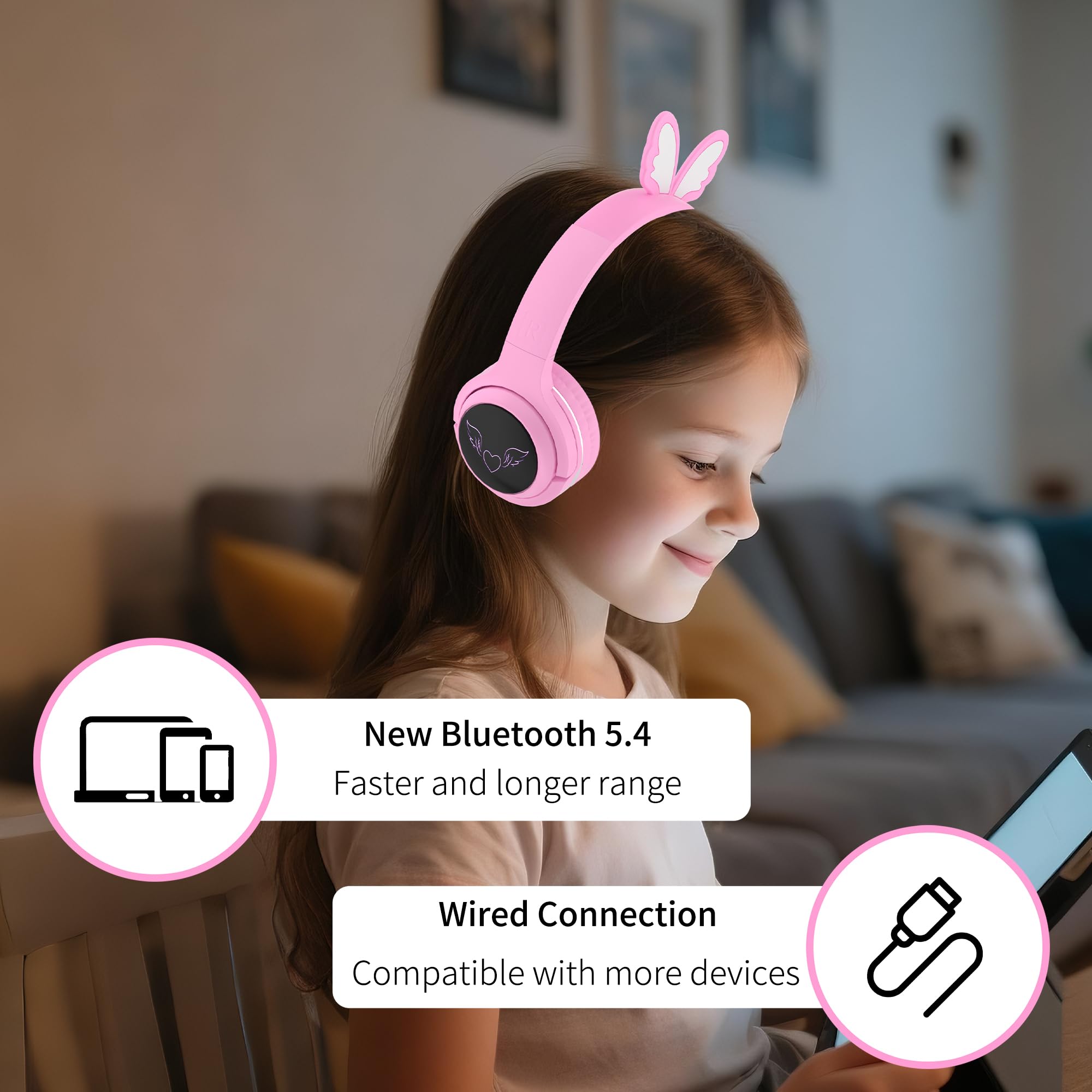 Cuffie wireless per bambini, volume limitato 85 dB, luci LED, batteria 40H, farfalla rosa