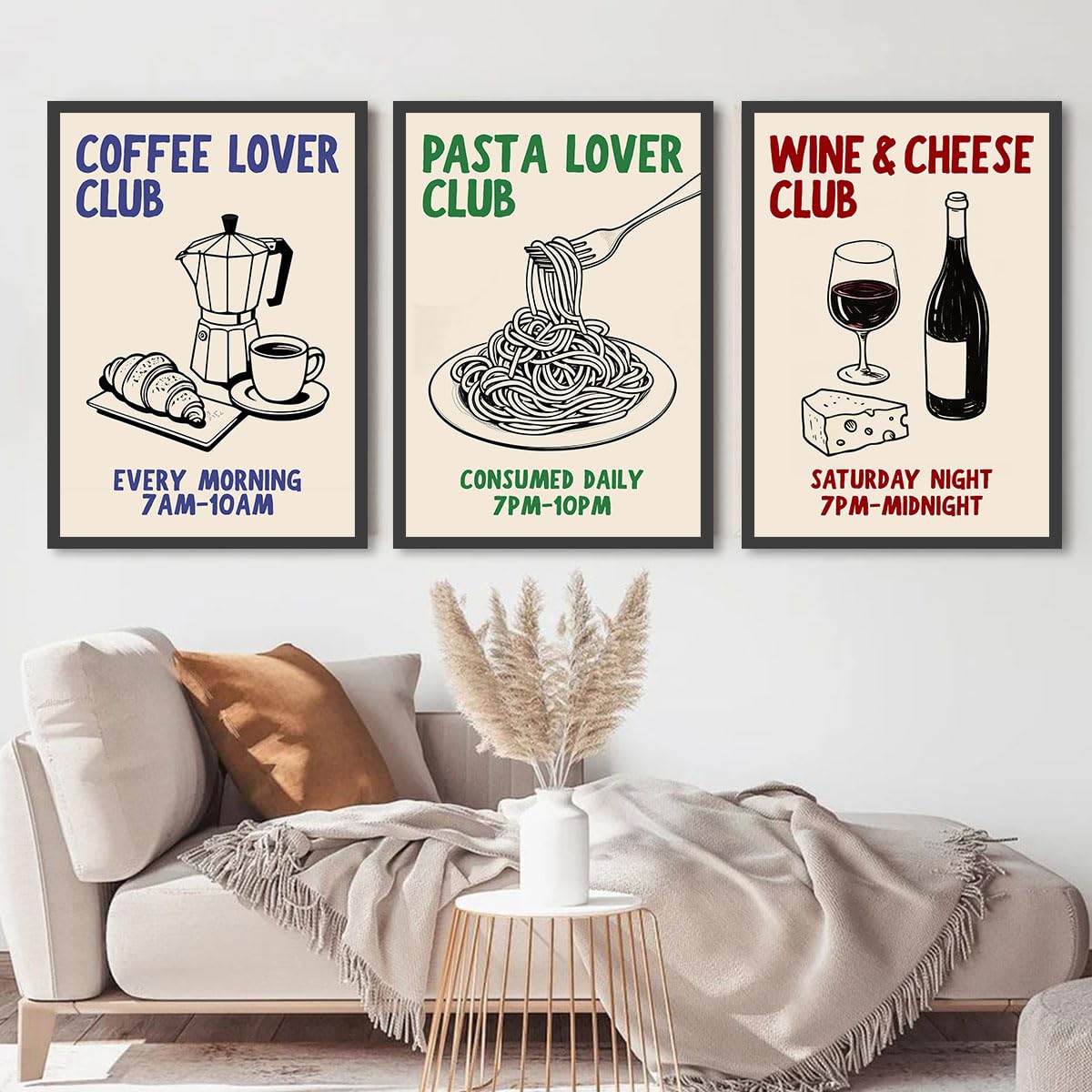 Retro-Lebensmitteldrucke, Spaghetti-Kaffee-Poster, trendige Küche, Wandkunst, Mokkakanne, Kaffee, Pasta-Liebhaber, Wein, Käse für Esszimmer, Bar, Café, Dekor (SKU6, 30 x 45 cm, schwarzer Fotorahmen)