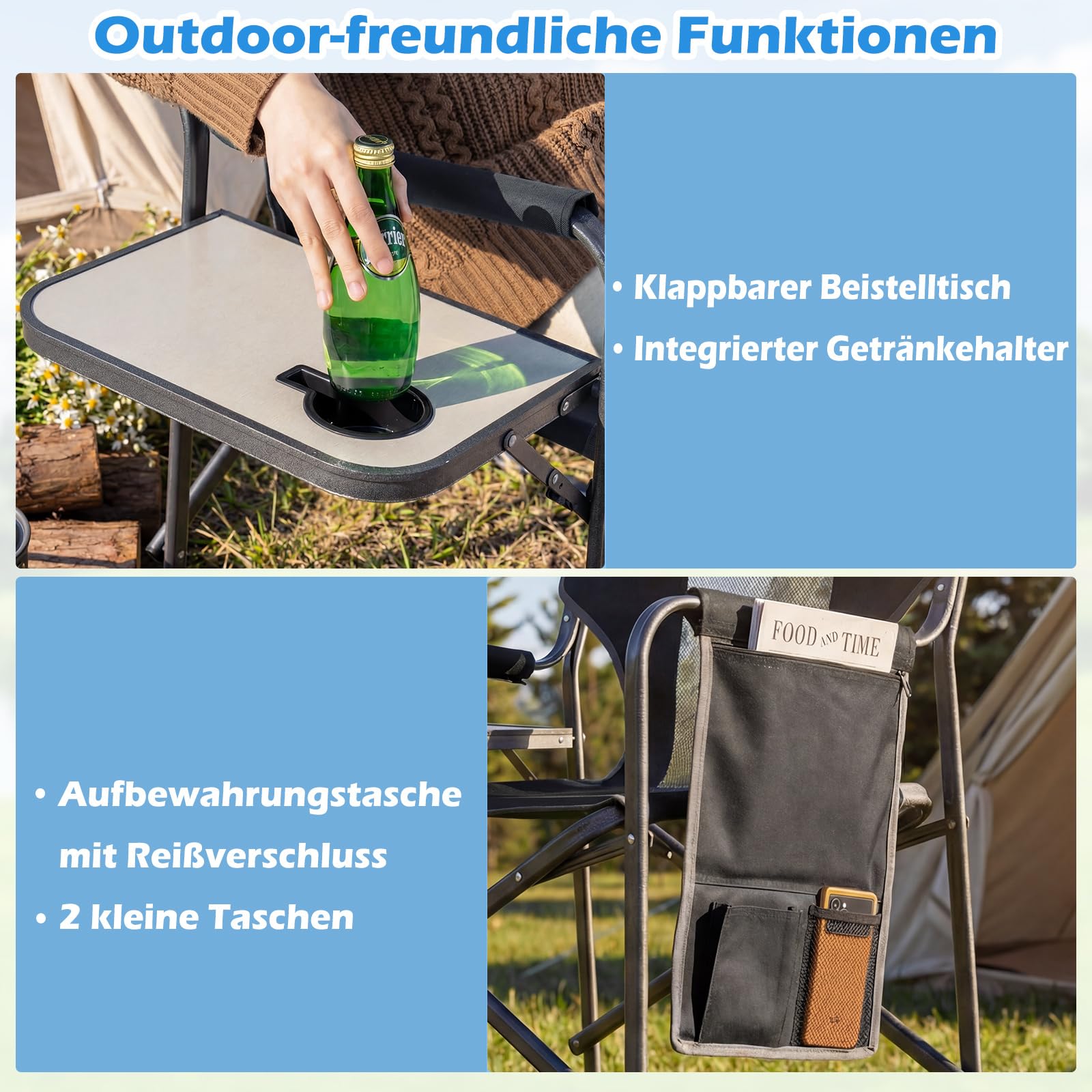 COSTWAY Regiestuhl klappbar, Campingstuhl mit Seitentisch, Seitentasche & Getränkehalter, Angelstuhl bis 180 kg belastbar, tragbarer Klappstuhl für Camping, Picknick & Festival (Schwarz + Grau)