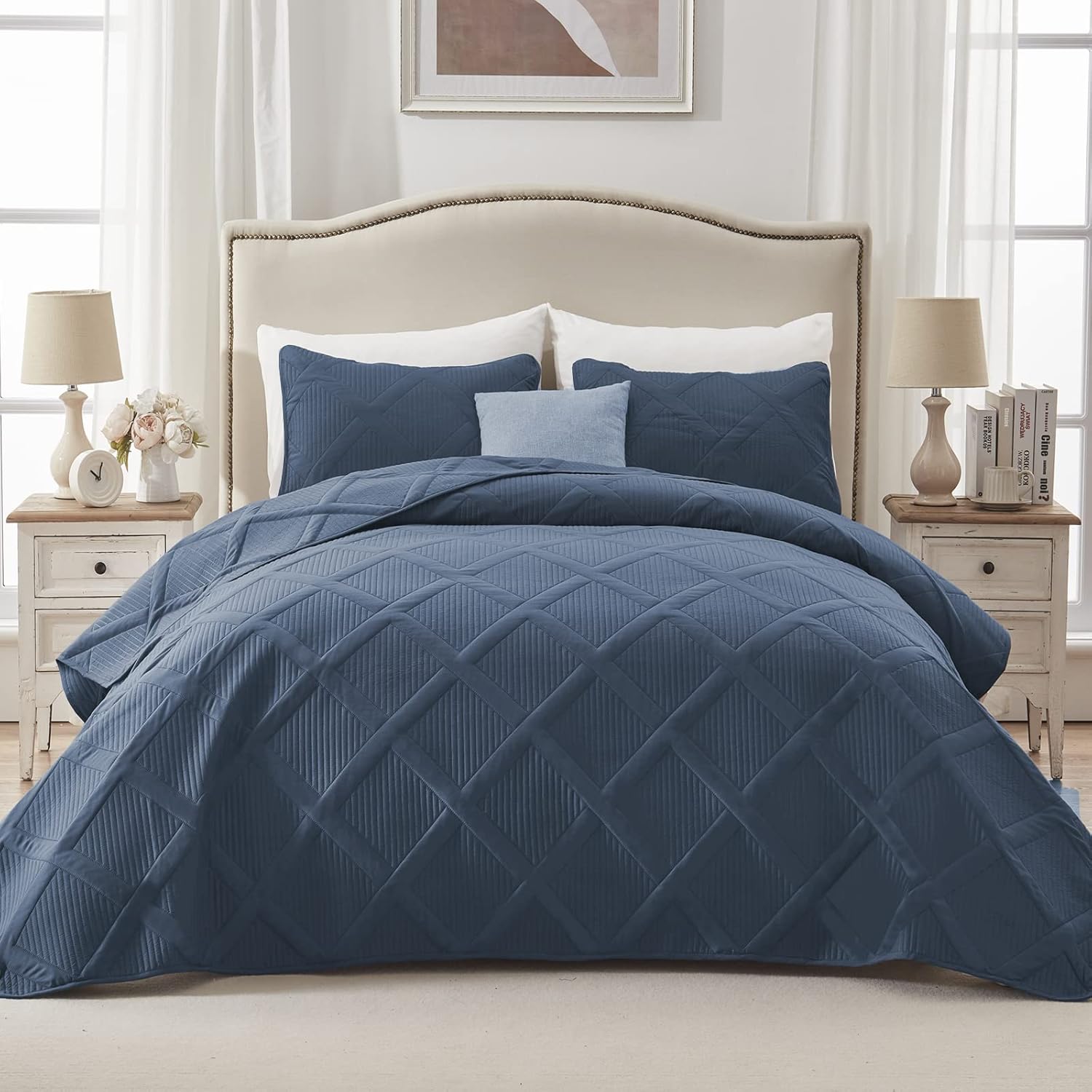 Exclusivo Mezcla Ultrasonic Quilt Set Full Queen Size, 3 Pieces Navy