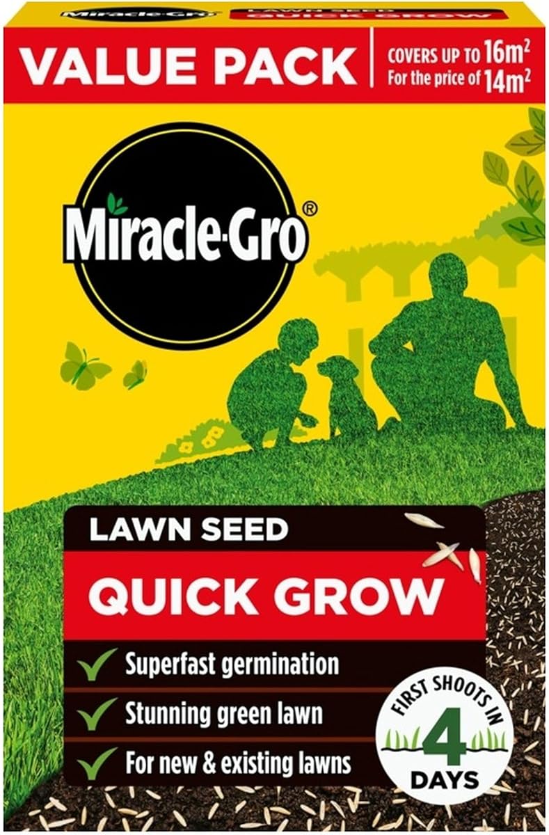 Miracle-Gro Quick Grow Lawn Seed 16m2 ryegrass fescues Fast Grass Seed 480g - Super Fast Germinating Lawn Seed - Rich Green Lawn - for existing and New lawns.