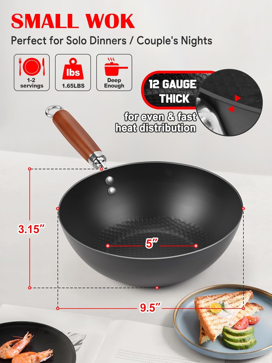 Carbon Steel Pan, 9.5-Inch Stir-Fry Woks & Pans Set with Glass Lid, 1.65lb Lightweight No Chemical Coated Flat Bottom Small Wok for 1-2 Servings