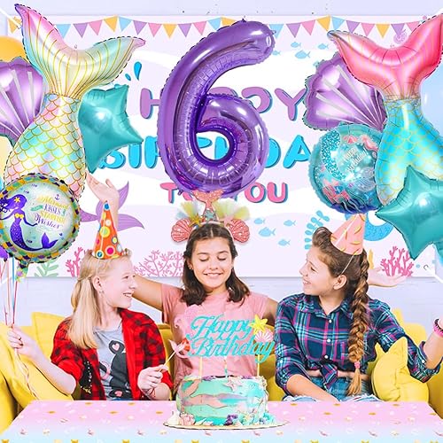Miniatura 5 de 9 piezas de decoraciones de cumpleaños de sirena para niñas, el kit de suministros de fiesta de sirena incluye taid de sirena, globo del número 6,