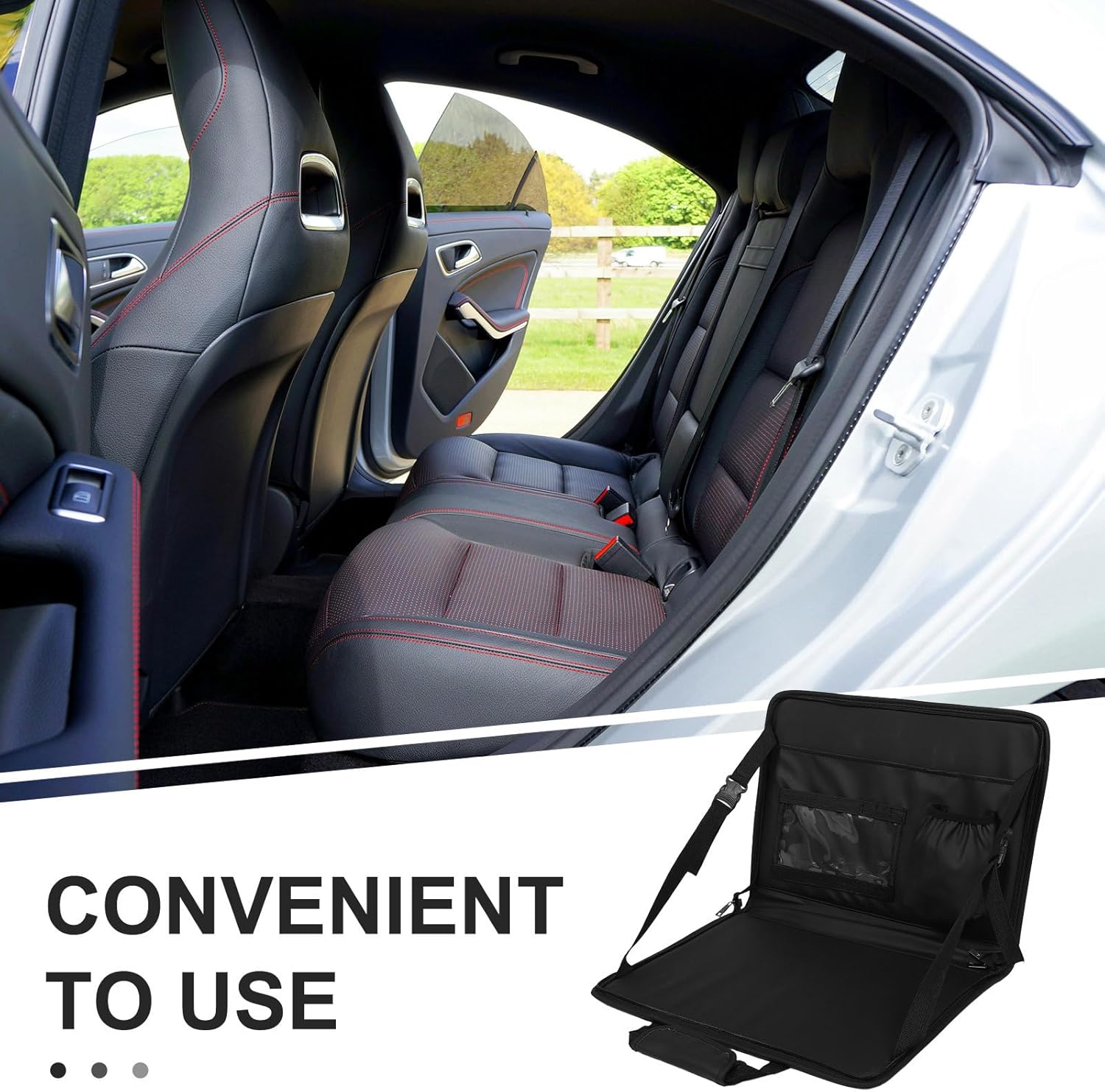 ABOOFAN Car Steering Wheel Desk: Foldable Car Tray with Multiple Pockets - Pu Leather Backseat Storage Bag for Working Writing Eating Traveling