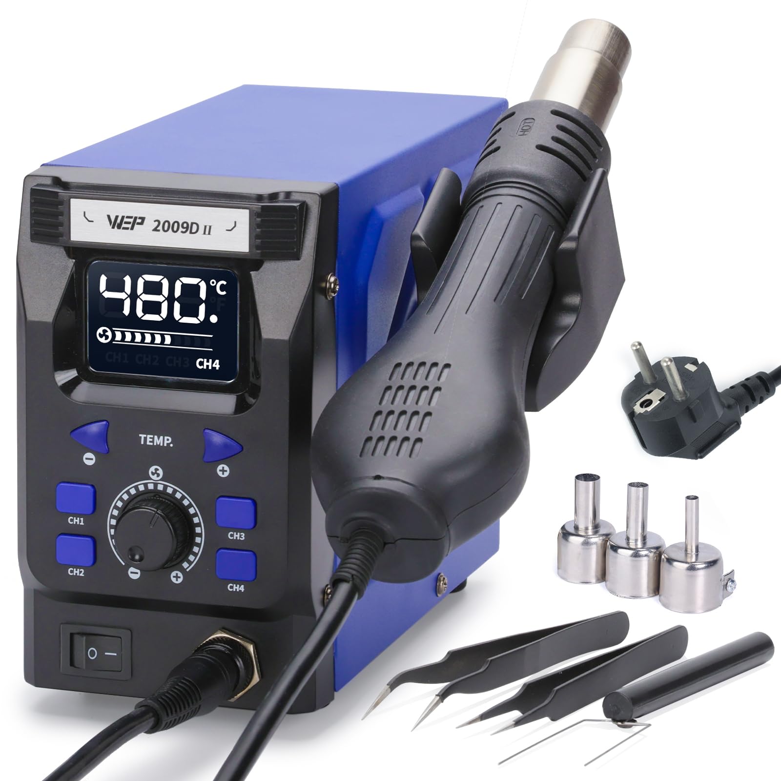 WEP 2009D-II Stazione Saldante Aria Calda ad aria calda con pistola saldante rimovibile, 4 canali preimpostati, Temperatura regolabile 100-480℃, Stabilizzazione temperatura PID(EU)