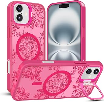 Magnetic for iPhone 16 Case, Translucent Matte Back Black Flower Floral Phone Case for Women, Compatible with MagSafe, Built-in Stash Stand, Military Drop Protection, Hot Pink