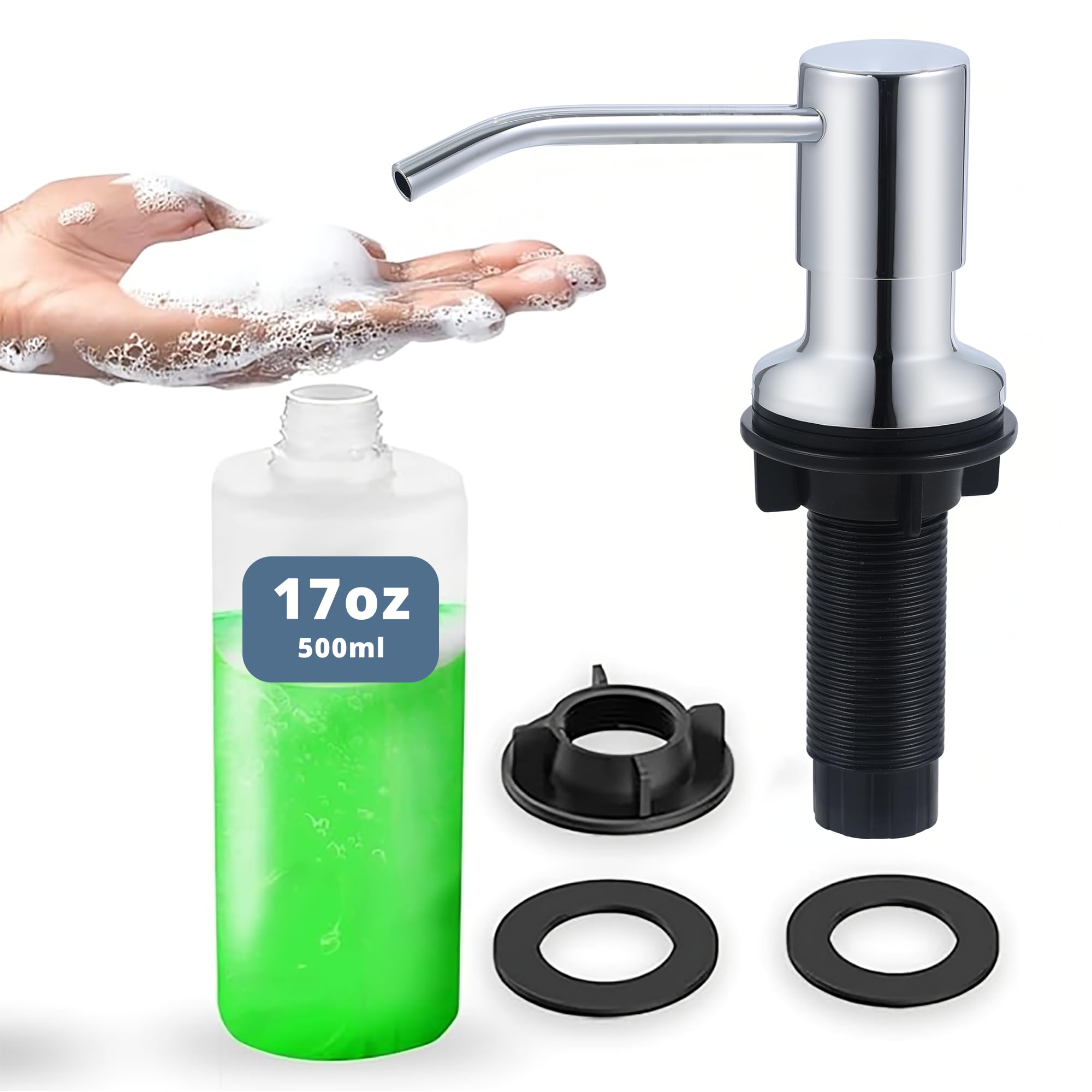 SBEN Dispensador de jabón o loción integrado para fregadero de cocina, bomba de níquel cepillado, botella PET de 17 onzas, cabezal ABS duradero, rotación de 360° (cromo)