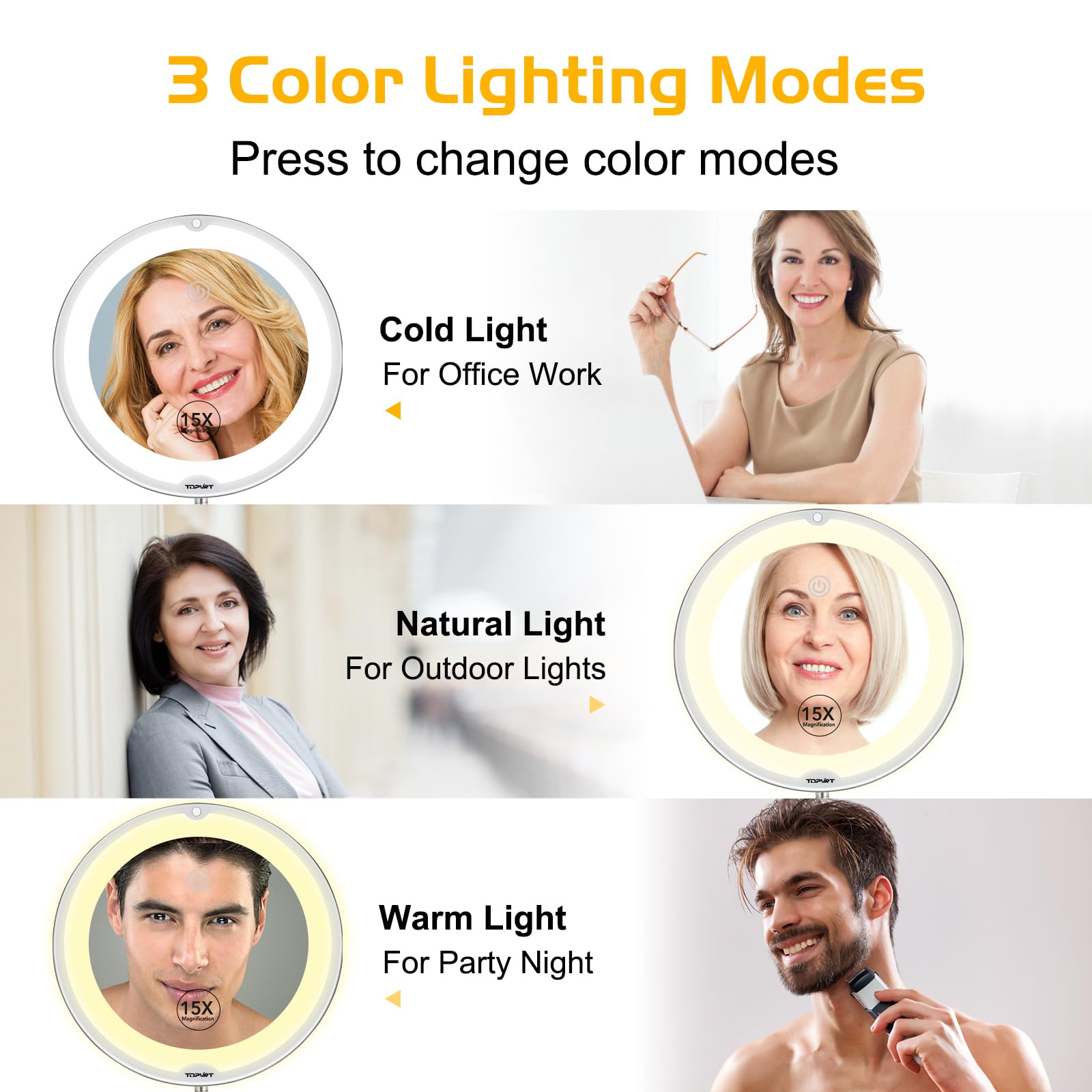 Espejo de succión flexible de 15 aumentos, espejo de tocador LED regulable, ventosa de potencia, portátil para el baño del hogar, ideal para maquillaje detallado, sombra de ojos delineador de