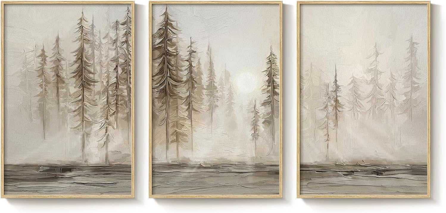 Framed Netural Wall Art for Living Room, Large 3 Piece Abstract Pastel Grunge Forest Landscape Tree Canvas Artwork Set, Modern Art Decorative Nordic Painting Picture Prints for Hallway Office 24x36 In 24" W x 36" H x 3Pcs Netural Forest image 7 of 9 B0DNFC4P69