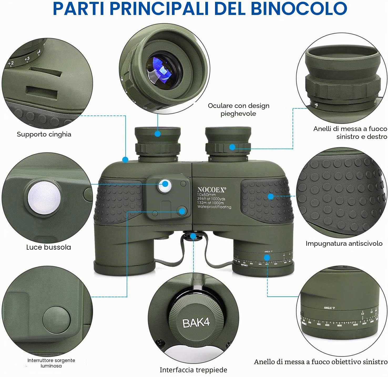 NOCOEX 10x50 Binocolo Marino per Adulti, Binocolo Impermeabile con Bussola Telemetro BAK4 Prisma Lente FMC Antiappannamento per la Navigazione Birdwatching Caccia