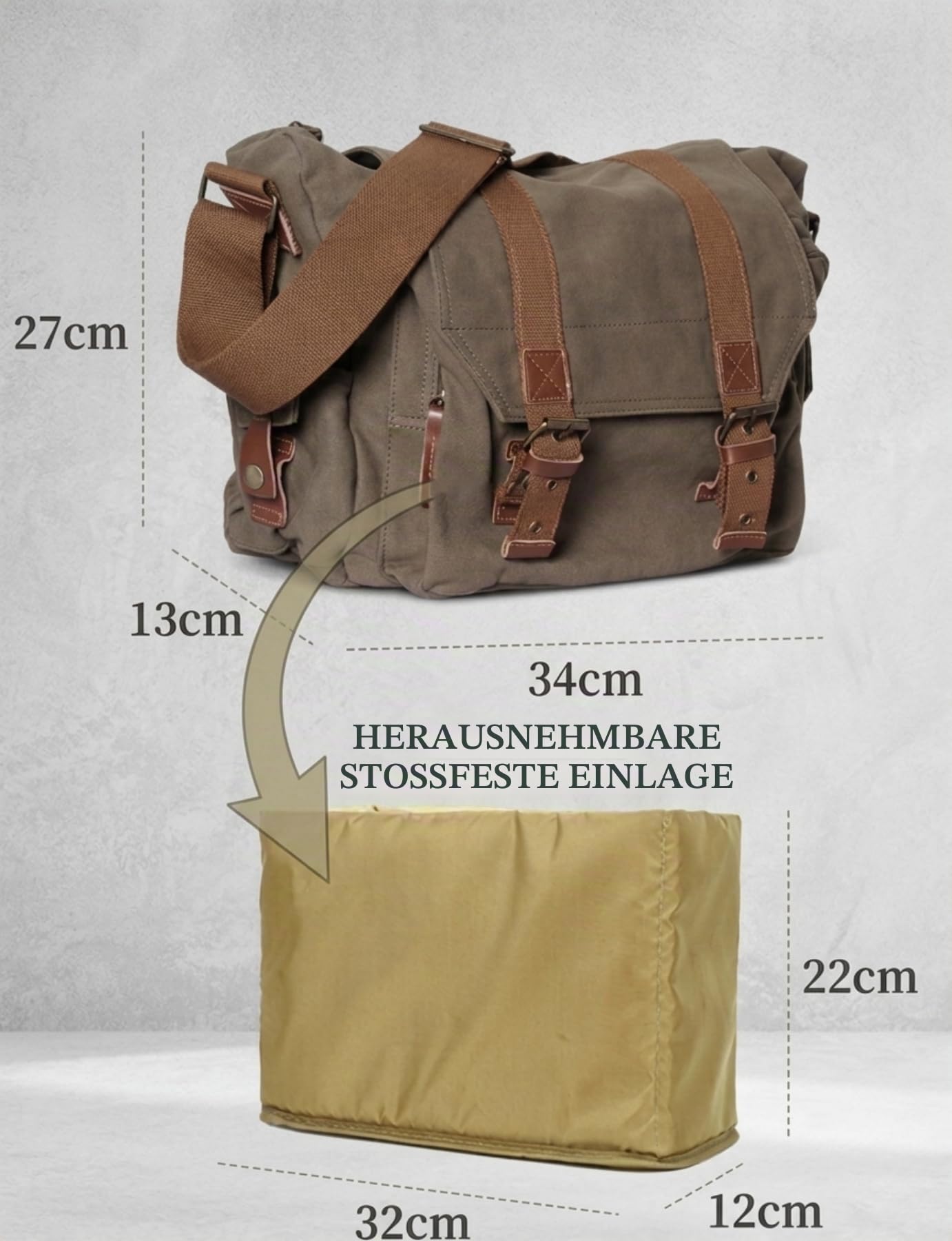Fototasche Kameratasche mit Gepolstertem Einsatz für DSLR-Kameras Objektive Canvas Messenger Bag Vintage-Stil Schultertasche 34x13x27cm BG507 (Militärgrün)