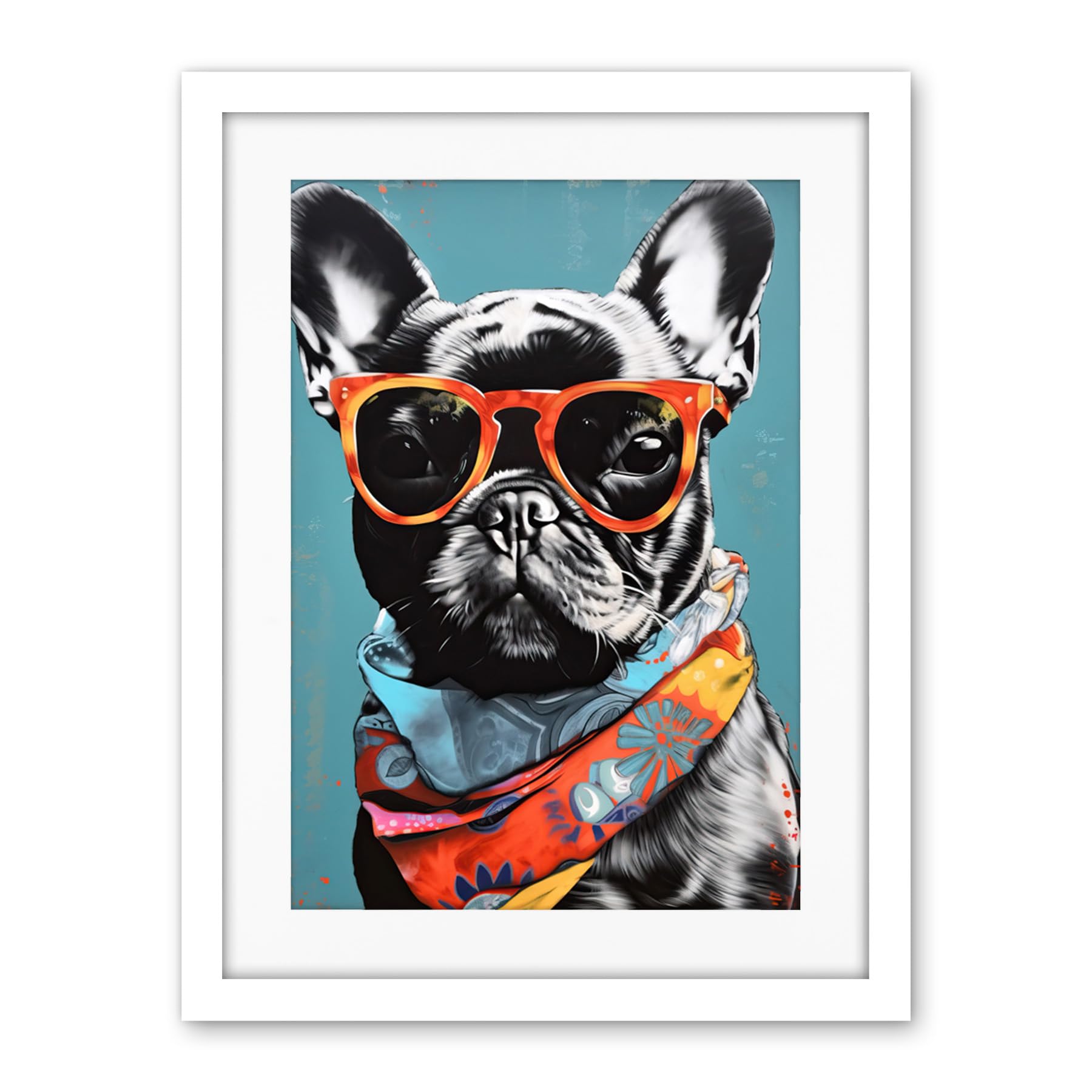 Artery8 English Bulldog Wearing Bandana and Sunglasses Artwork Framed Wall Art Print 18X24 Inch