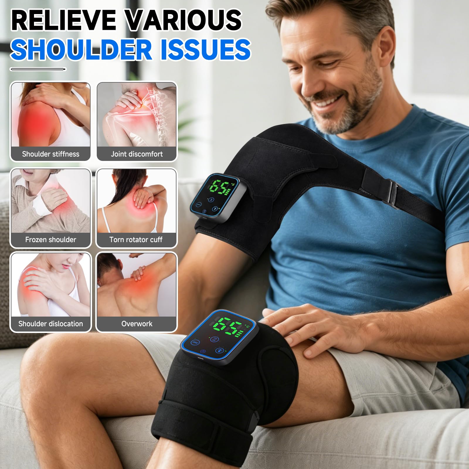 Triple méthode - Genouillère chauffante sans fil - Appareil de massage des épaules - Coussin chauffant pour genoux - Avec contrôle tactile - 5000 mAh - Minuterie à 3 niveaux