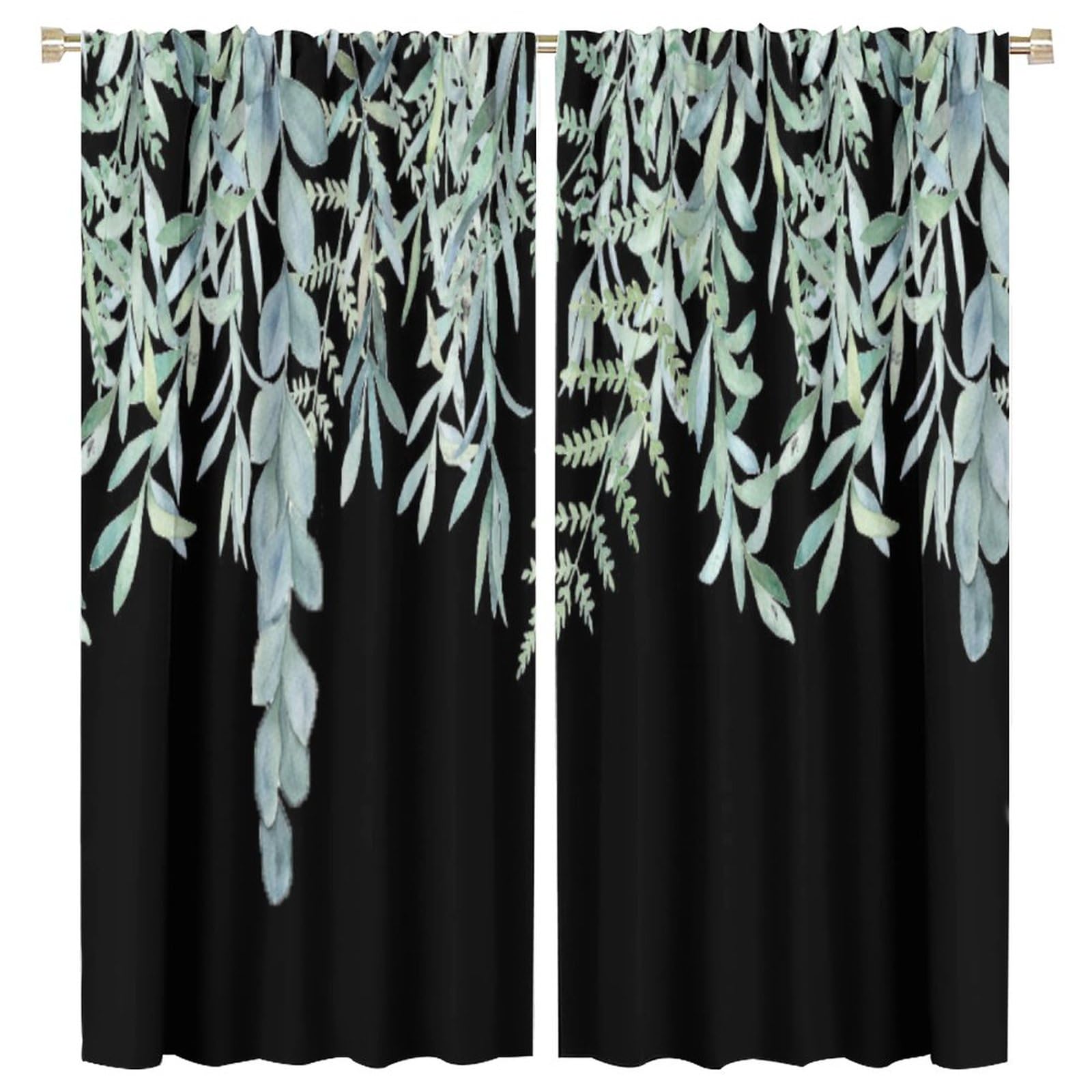 Green Leaves Curtains Rod Pocket Watercolor Eucalyptus Black Gold Botanical Plants Spring Floral for Bedroom Living Room Thermal Insulated Window Curtain Drapes 2 Panels 63x72in