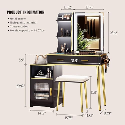 Miniatura 2 de Tocador de maquillaje con espejo escritorio de maquillaje - Tocador con cajones - Juego de tocador con luces LED RGB y estación de carga inalámbrica