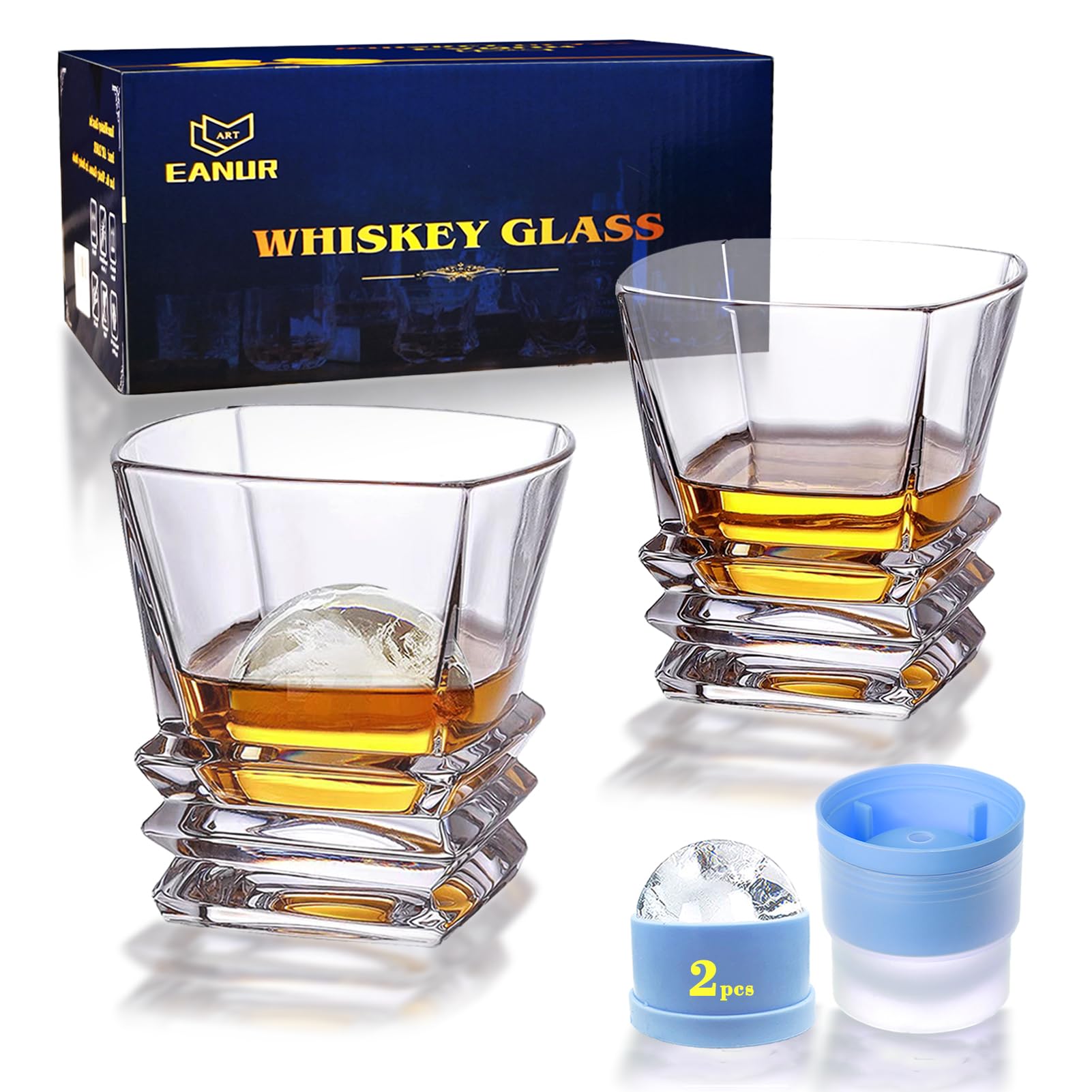 ART EANUR Whiskey Glass Set 4 in Gift Box (2 Bourbon Glasses, 2 Ice Ball Molds) Old Fashioned Glasses for Chilling Whiskey Scotch Cocktail Rum Cognac Vodka Liquor, Fathers Day Whiskey Gifts for Papa