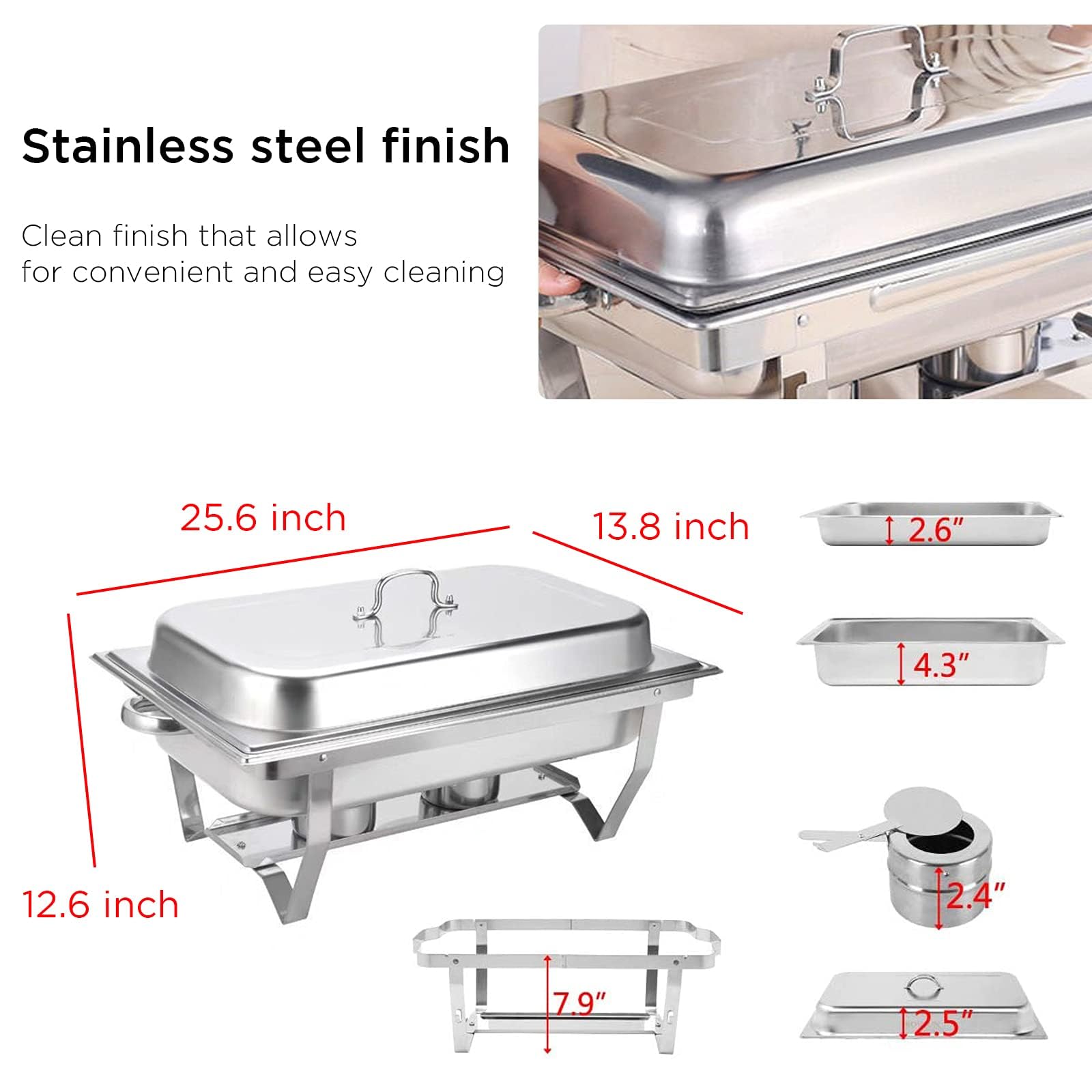 Paquete de 4 platos de acero inoxidable de 8 cuartos de galón, plegables, rectangulares, bandeja de alimentos, soporte de combustible y tapa, calentadores de alimentos para fiestas, banquetes,