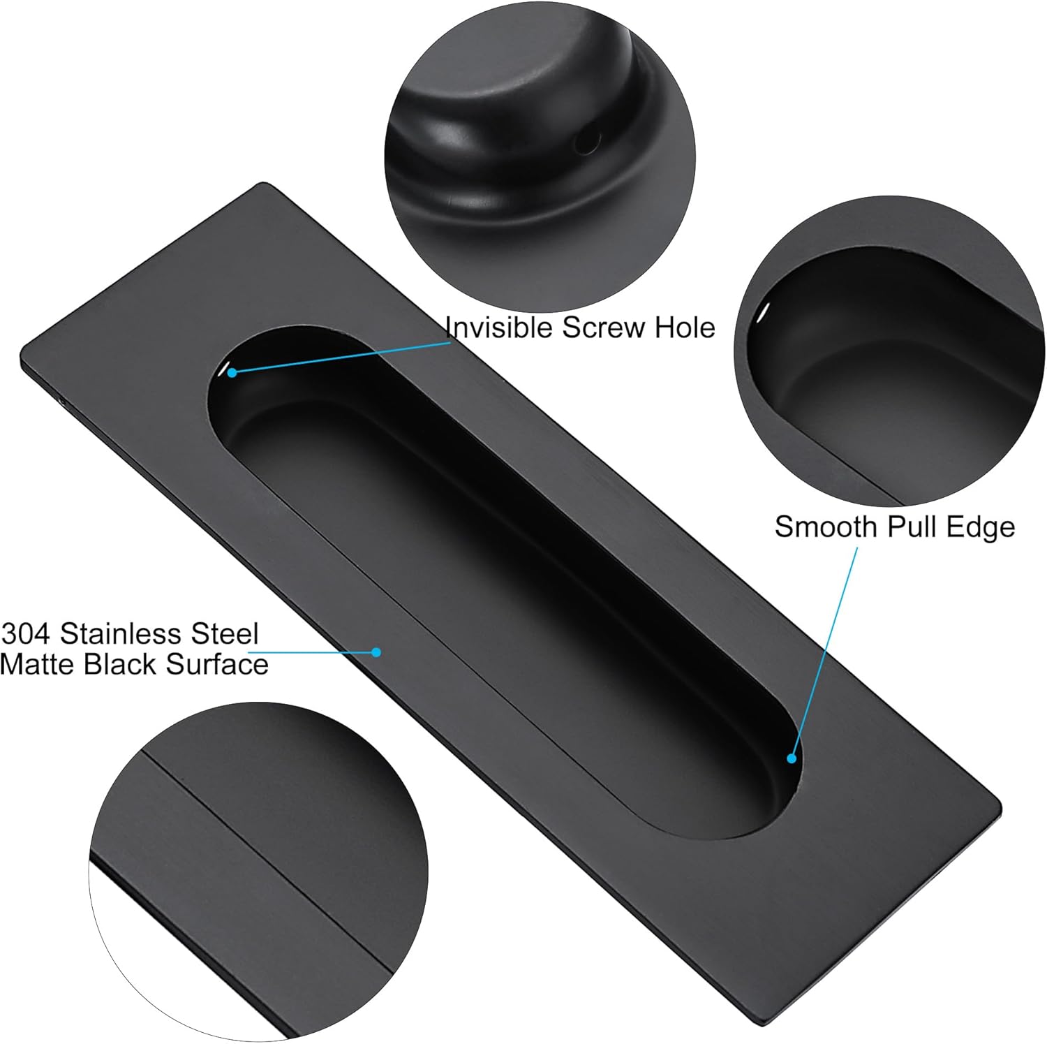 Malimali 4.72 Inch Recessed Finger Flush Pulls for Kitchen Cabinet, Closet, Sliding Cupboard Door Handle - Matte Black Stainless Steel Rectangular Door Pulls Hardware (4 Pack)