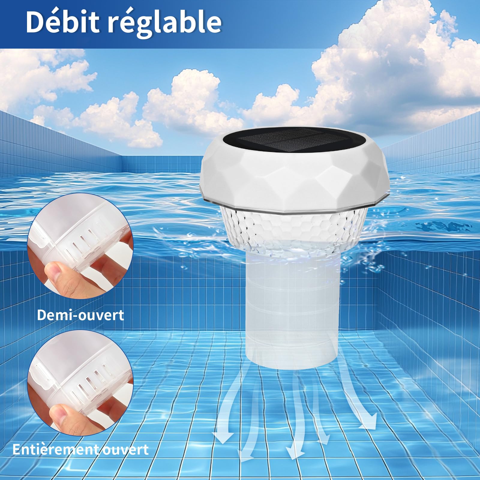 Diffuseur Chlore Piscine avec Lumière Solaire LED, Flotteur Chlore Piscine avec Télécommande, Distributeur de Chlore pour Piscine Diffuseur Spa