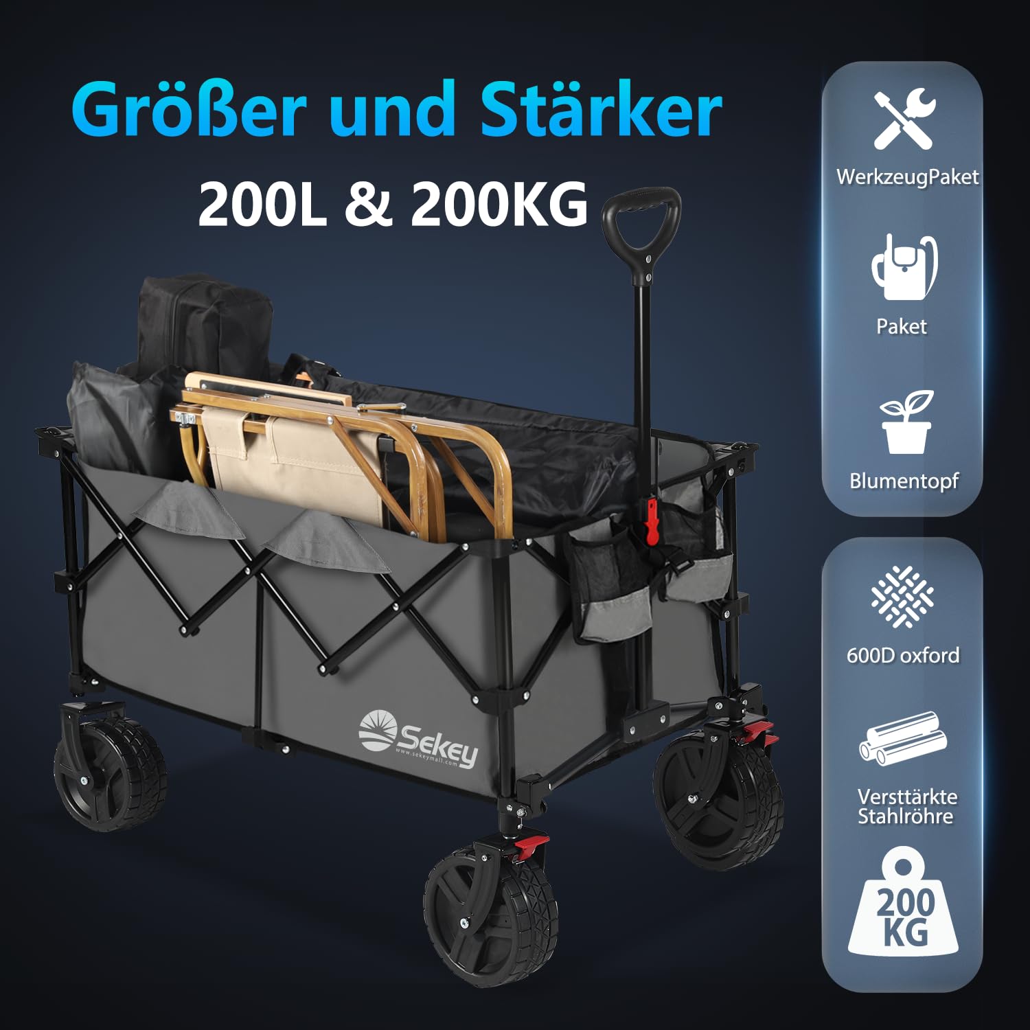 Sekey XXL Plus Bollerwagen Faltbar mit Bremsen 200L 200KG Belastbar, Extra Breite Reifen All Terrain Bollerwagen, Patentiert Zusammenfaltbar aus Vier Richtungen, XXL-PlusB 4011, Anthrazit