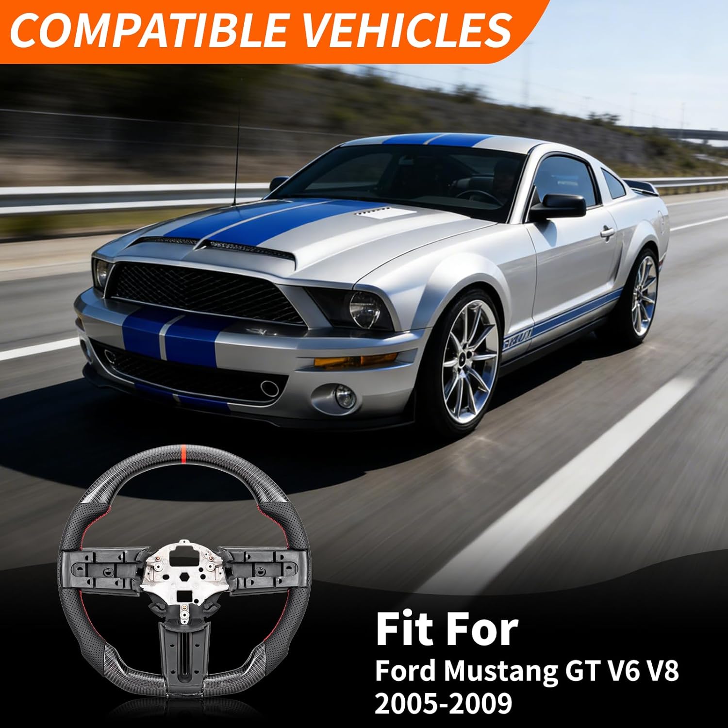 D-shaped Flat-bottom Steering Wheel, Real Carbon Fiber Steering Wheel Fit For Ford Mustang GT V6 V8 2005-2009