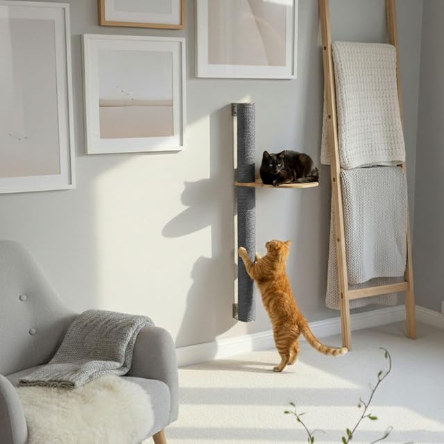 Foto 7 de 8 de eyepower 105 cm Rascador de Pared Luna con 1 Plataforma de Bambú - Árbol para Gatos con Estantería