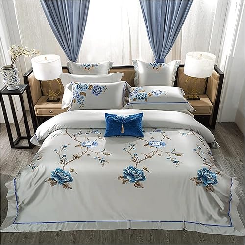 JUIPO Rose Embroidery Bedding Set Silk Satin Duvet Cover Bedspread Color D Size 14 18m