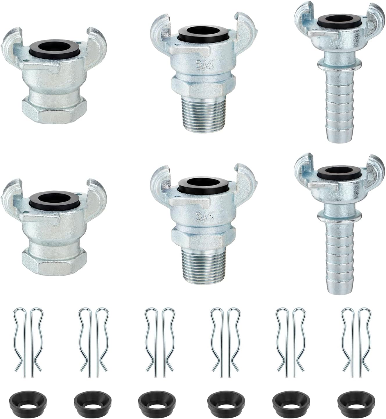 6PCS 3/4'' NPT Iron Air Hose Fitting, Universal Coupling Chicago Fitting 3/4'' for Male End, Female End, Hose End