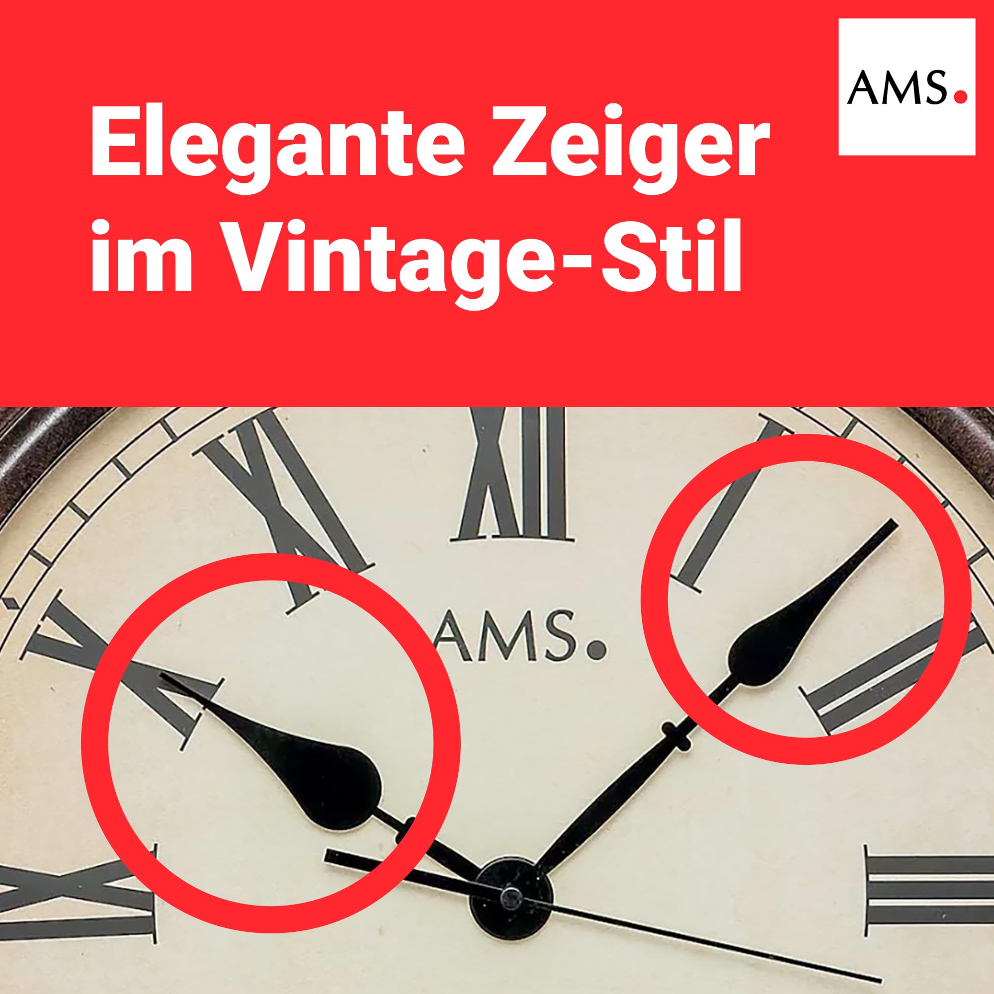 AMS 5977 Wanduhr 42 cm – geräuscharmes Funkwerk, Vintage Retro Funkwanduhr mit römischen Ziffern, analoge Funkuhr aus Acrylglas, große Wanduhr für Wohnzimmer, Küche, dekorative Uhr im Antik Design