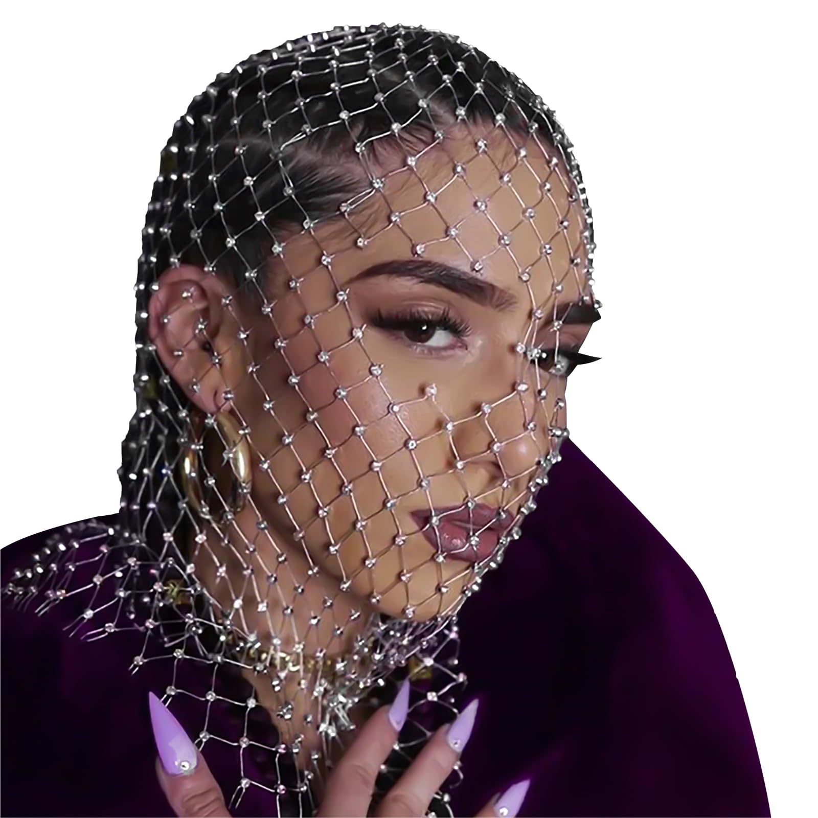 RUIXIA Womens Rhinestones Fishnet Masks Rhinestone Mesh Mask Women Crystal Full Face Veil Head Cover Wrap Halloween Accessories Nightclub Rave Party Costume