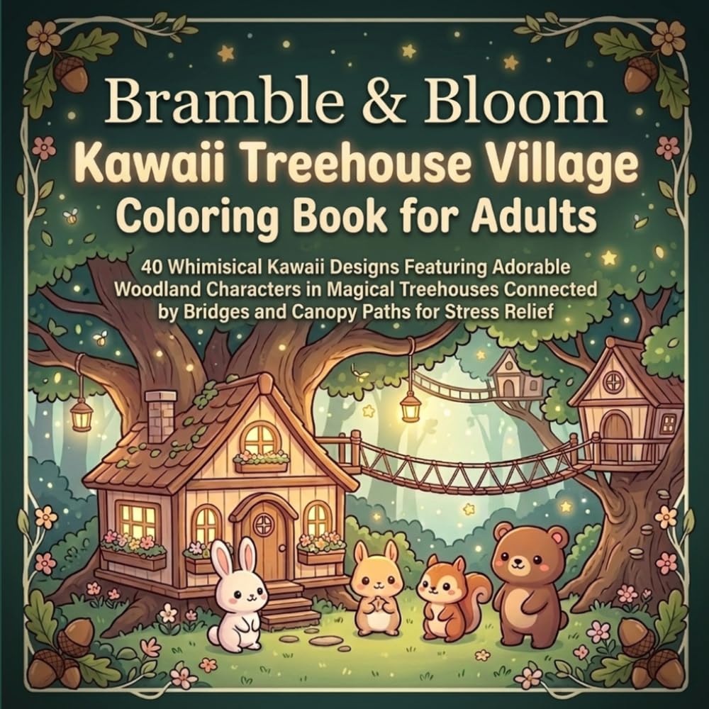 Bramble & Bloom: Kawaii Treehouse Village Adult Coloring Book: 40 Whimsical Kawaii Designs Featuring Adorable Woodland Characters in Magical ... by Bridges and Canopy Paths for Stress Relief