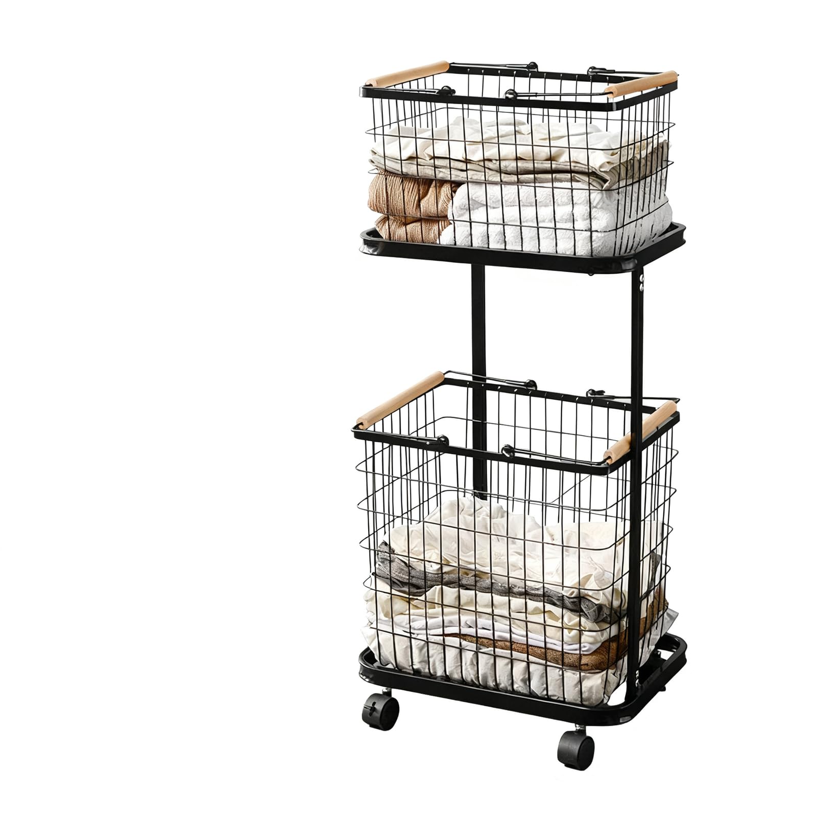 ALCXAZS Stacked Laundry Basket Organizer Including Two Separate Compartments For Efficient Sorting Of Fabrics At Home, Second layer black