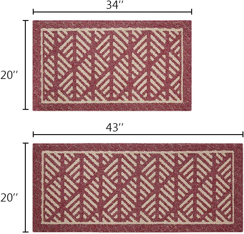 VANZAVANZU Kitchen Rug Sets, 2 Pack Kitchen Mats Natural Latex Backing Non Slip Super Absorbent Rug Sets, Durable Microfiber Washable Kitchen Carpet Sets for Kitchen Floor (43"x20"+34"x20", Red)