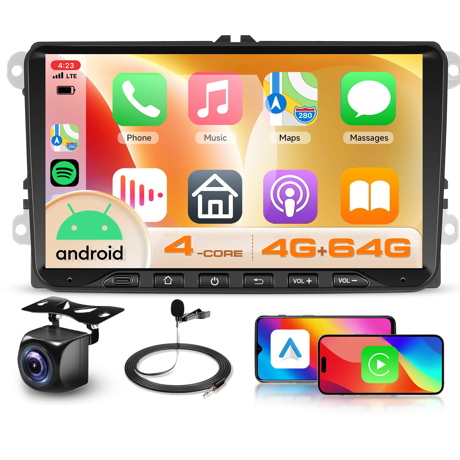 4G+64G 9‘’ Android Car Stereo for VW Volkswagen Seat Golf Passat Jetta Beetle Tiguan Touran EOS, CarPlay Android Auto Touchscreen Bluetooth Radio with GPS Navigation WiFi FM Backup Camera MIC