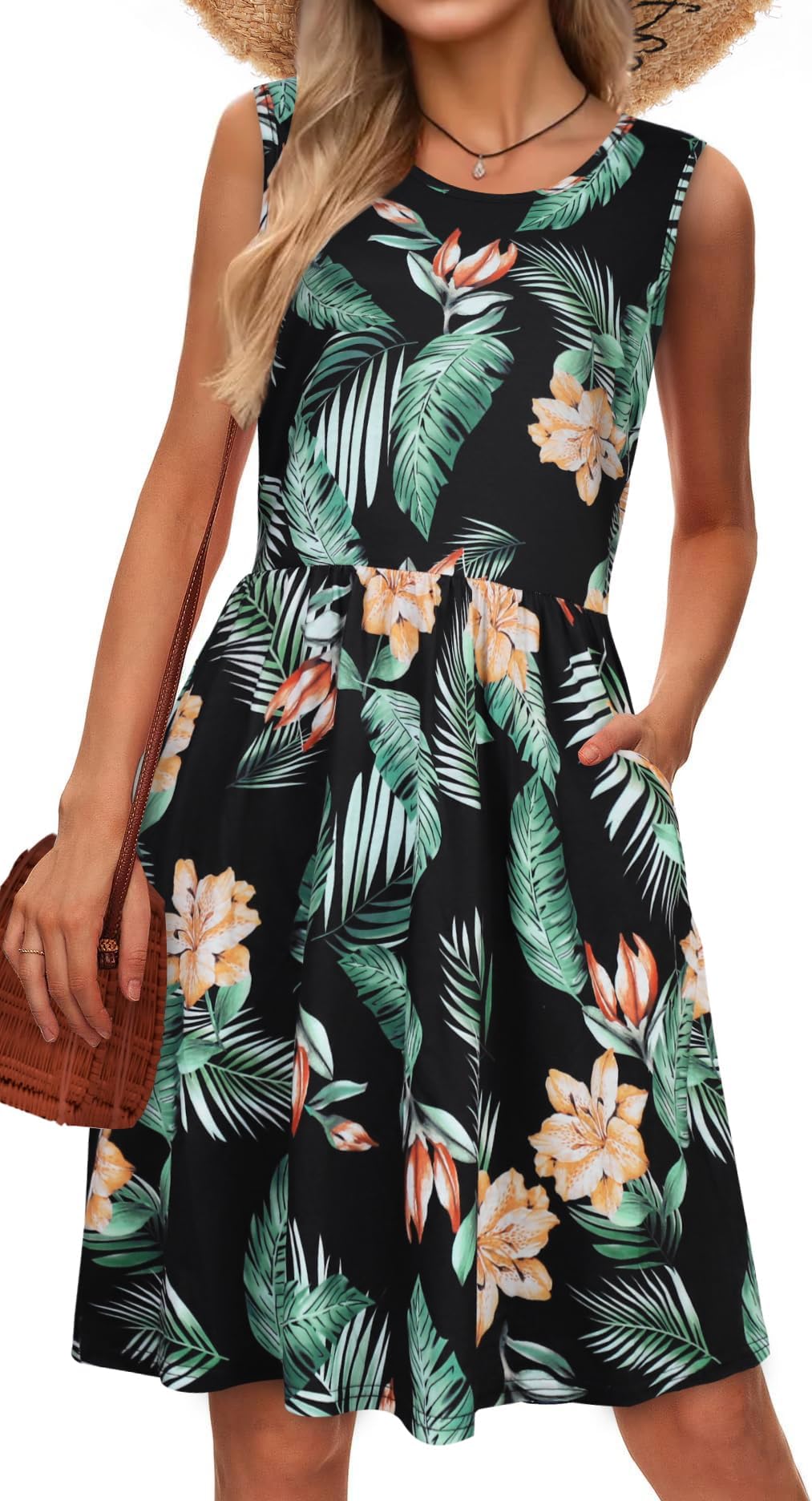 elescatSummer Dresses for Women Casual Sleeveless Tshirt Beach Flowy Tank Sundresses with Pockets