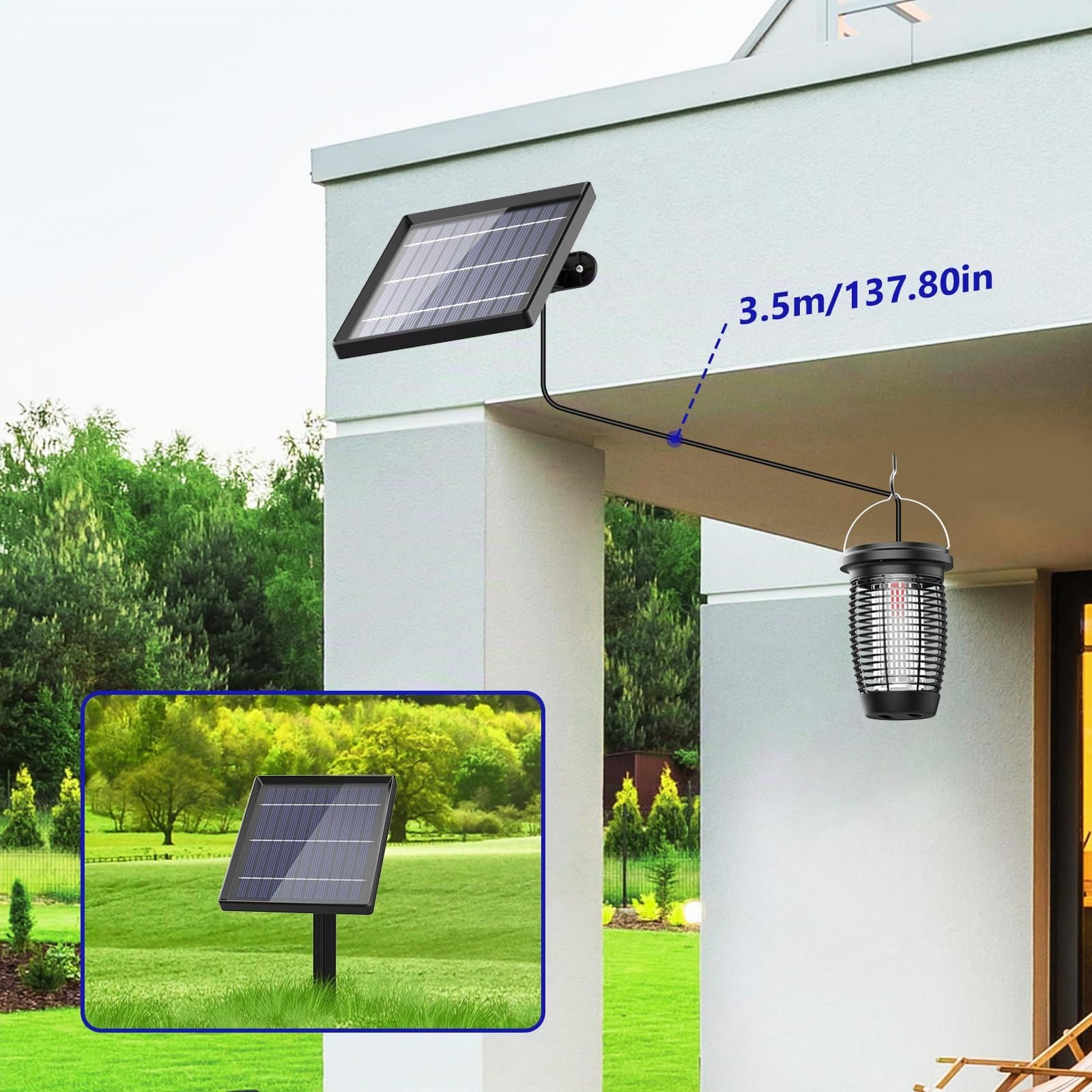 PALONE Insektenvernichter Elektrisch Solar, Wiederaufladbar 4500V USB C Elektrischer Mückenlampe mit 4W/5V Solar Stützstangen & 3,5M Kabel und 1M Typ C Ladekabel für Innen Außen