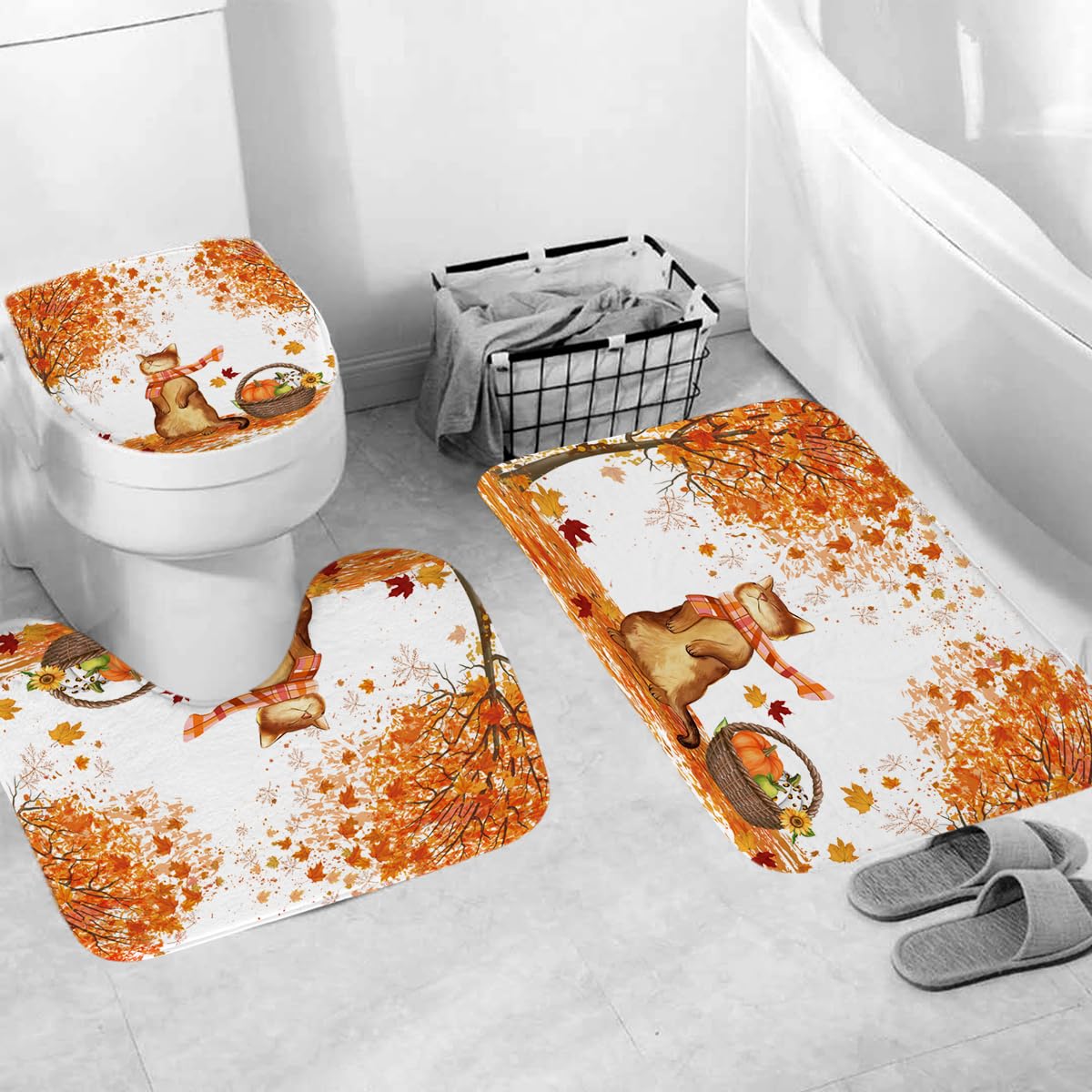 APROPHIC Herbst-Kürbis Badezimmer-Set - Duschvorhang 180x180 Cm + 4 Teppiche, Wasserdicht, Mit Haken