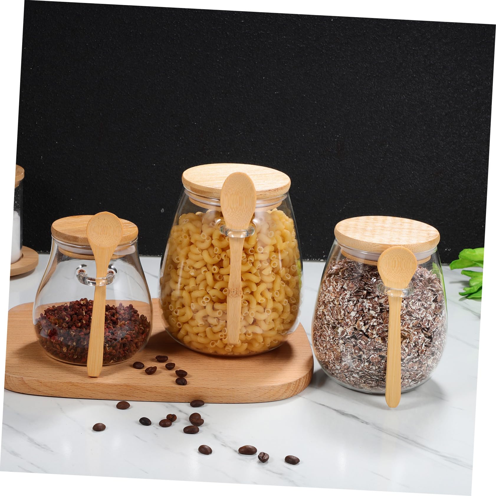 Cabilock 3 Stück Glasbehälter mit Holzdeckel und Löffel Elegante Glasvorratsgläser zur Aufbewahrung von Tee und Gewürzen für Küche und Schrank