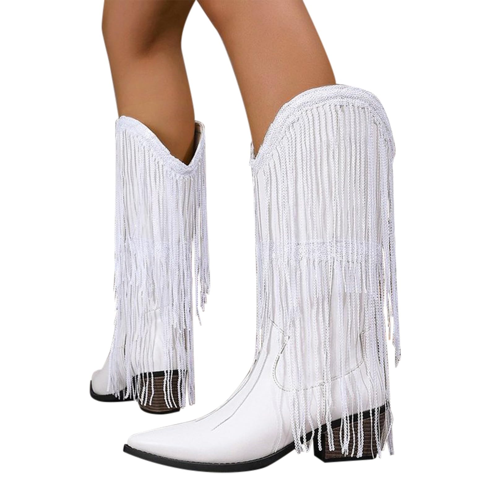 Botas de vaquero para mujer, botas altas de ante occidental, botas de vaquero con flecos, punta puntiaguda, botas de vaquero con tacón de bloque, botas de vaquera largas, elegantes botas