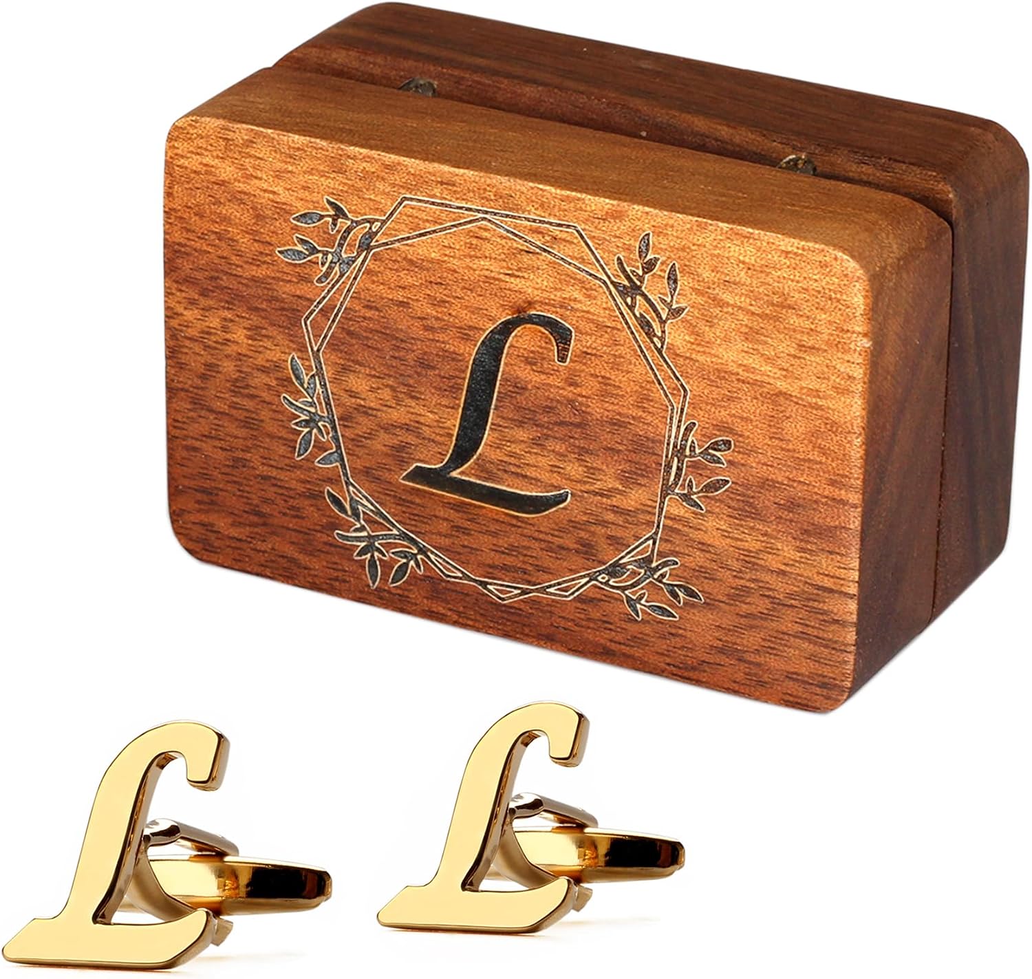 Mens Initial Gold Cufflinks Brass Cuff Links A-Z Alphabet Letter with Engraved Walnut Wood Box Groom Groomsman Wedding