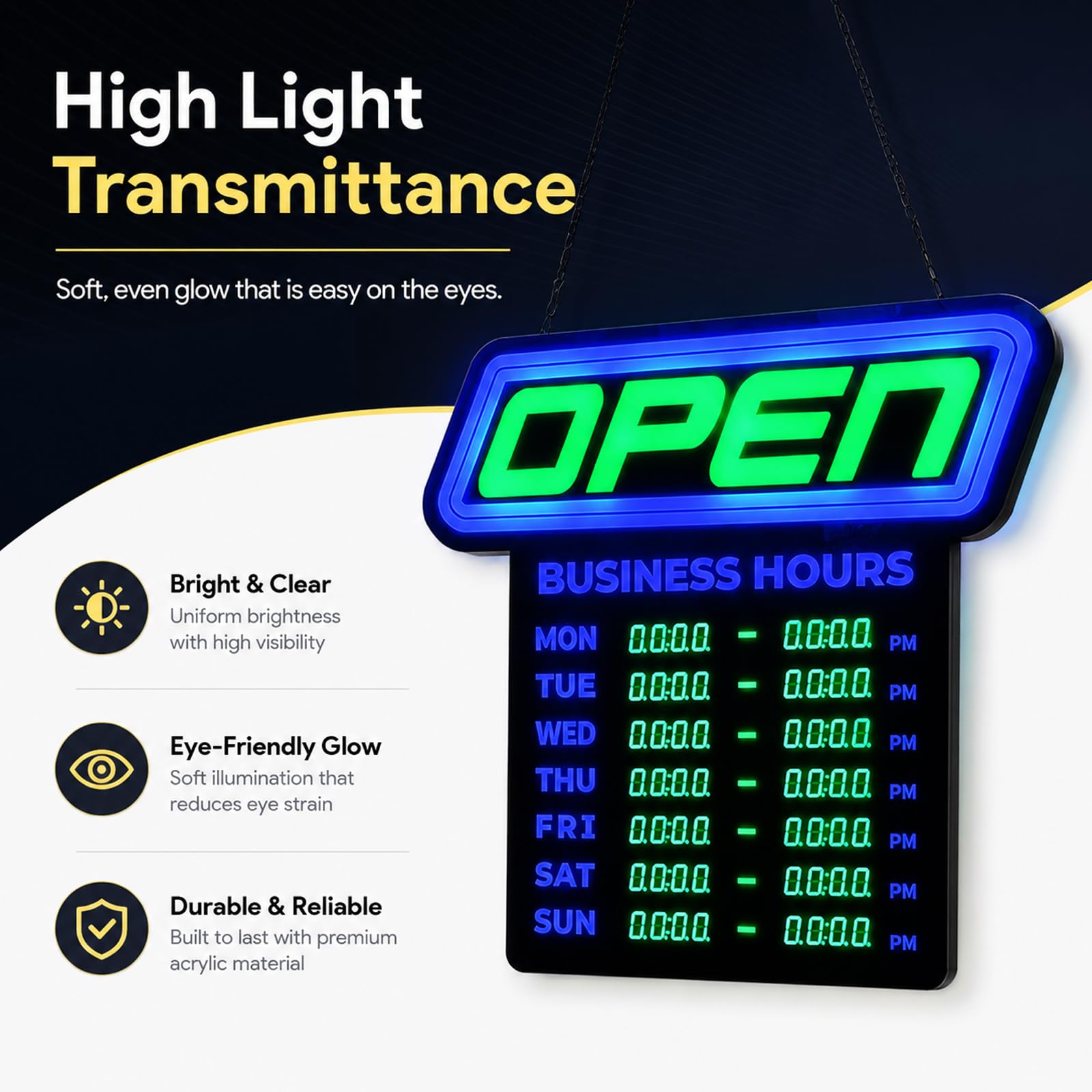 Insegna LED Aperto, Orari Settimanali, Display Digitale e Pannello Acrilico | Programma LUN-DOM, LED Uniformi e Catena per Negozi, Caffè e Ristoranti