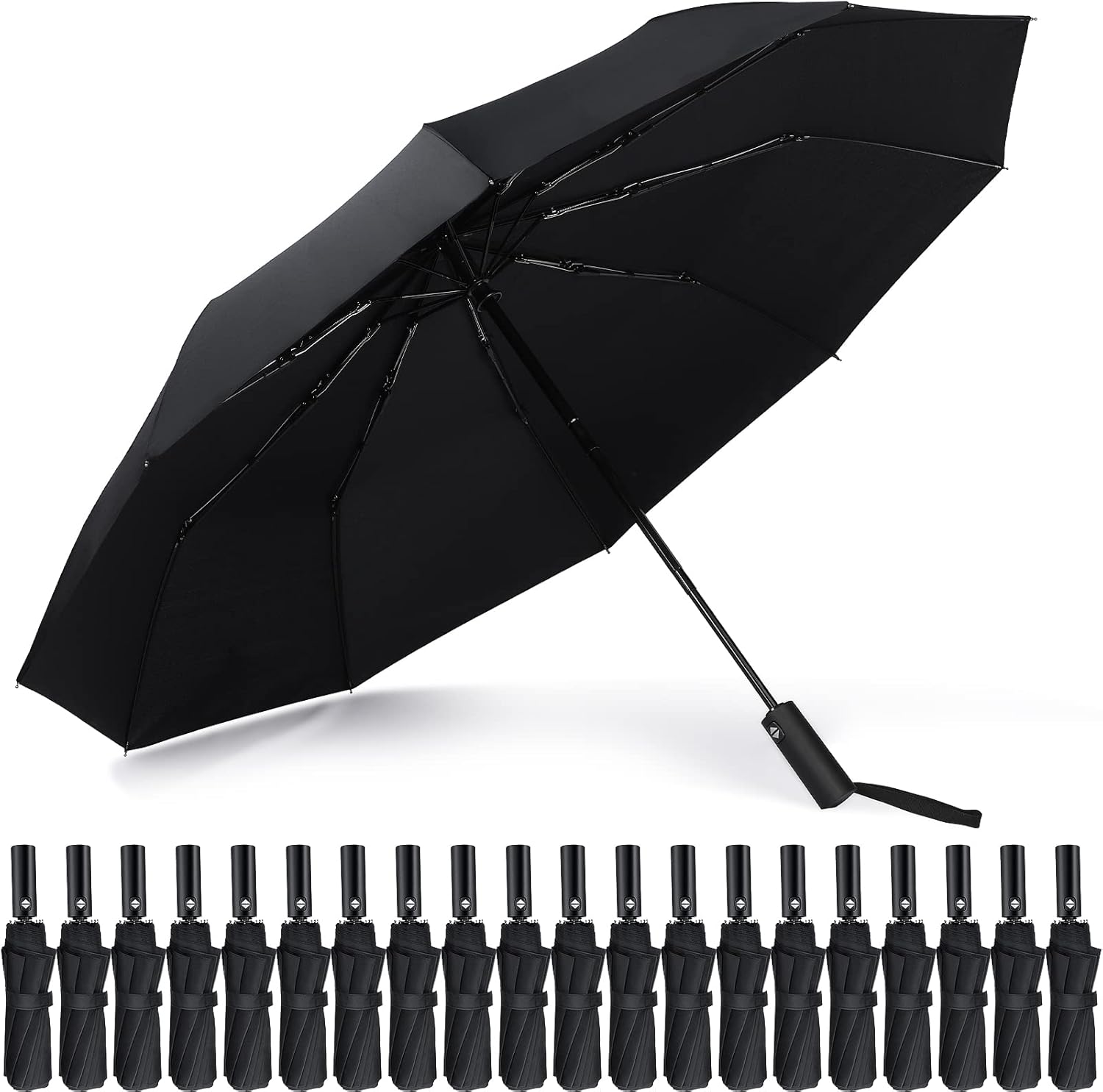 Jexine Automatic Open Close Umbrella Bulk 10 Ribs Portable Travel Windproof Compact Strong Light Folding Umbrellas for Rain Car Backpack, Black